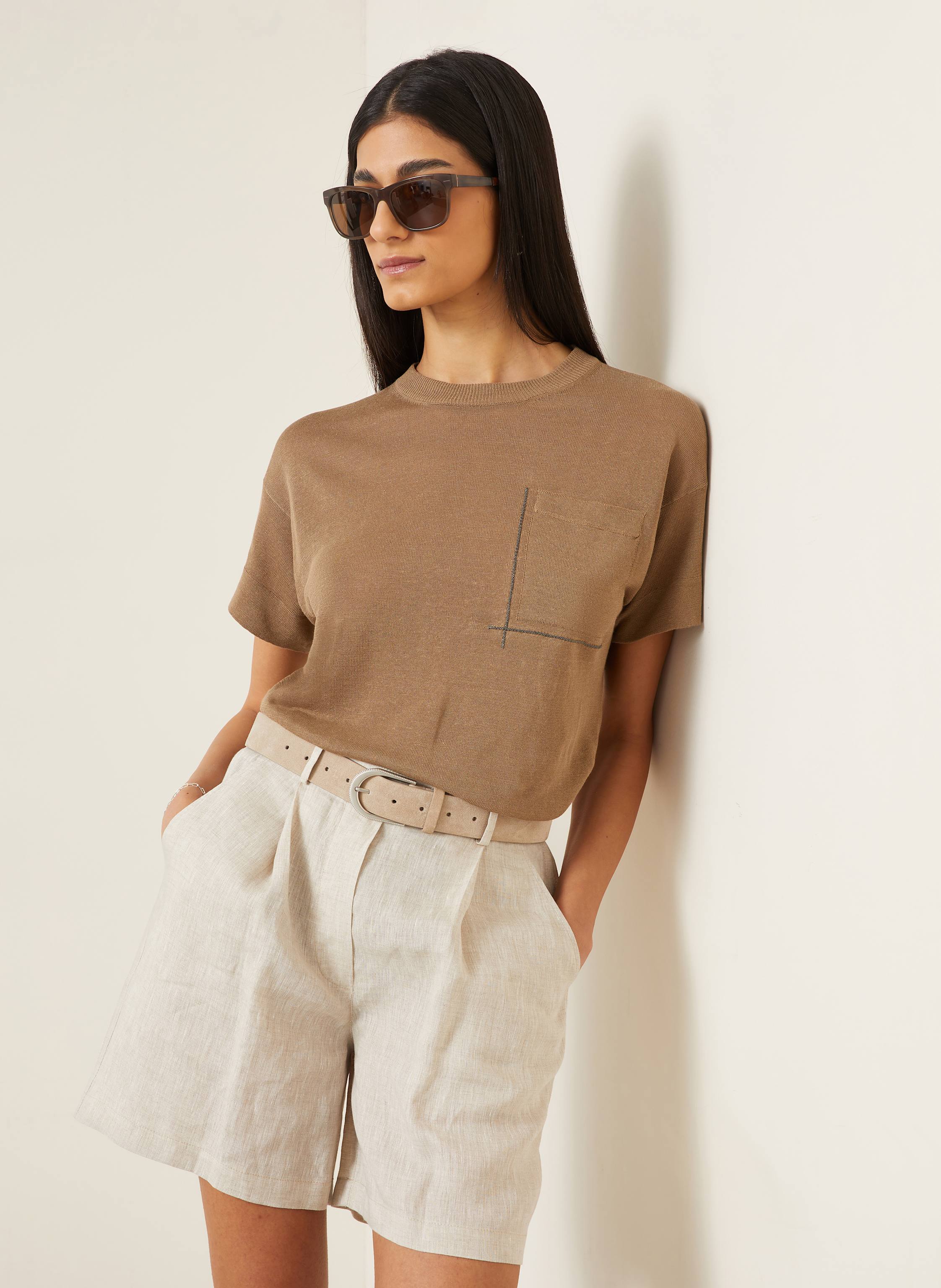 Thumbnail - Brunello Cucinelli Strickshirt Aus Leinen Mit Schmucksteinen braun