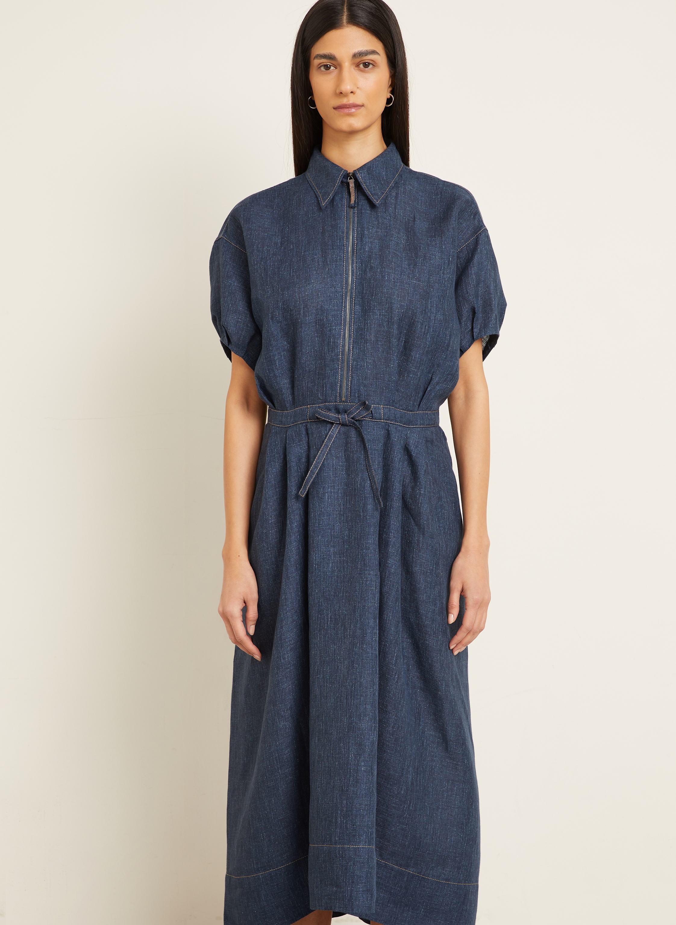 Thumbnail - Brunello Cucinelli Hemdblusenkleid Aus Leinen blau