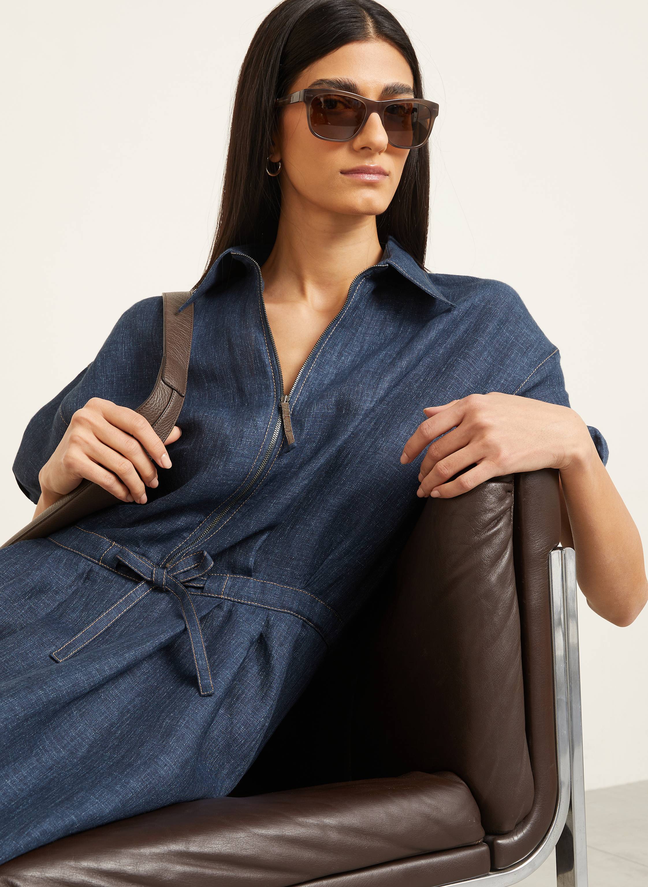 Thumbnail - Brunello Cucinelli Hemdblusenkleid Aus Leinen blau