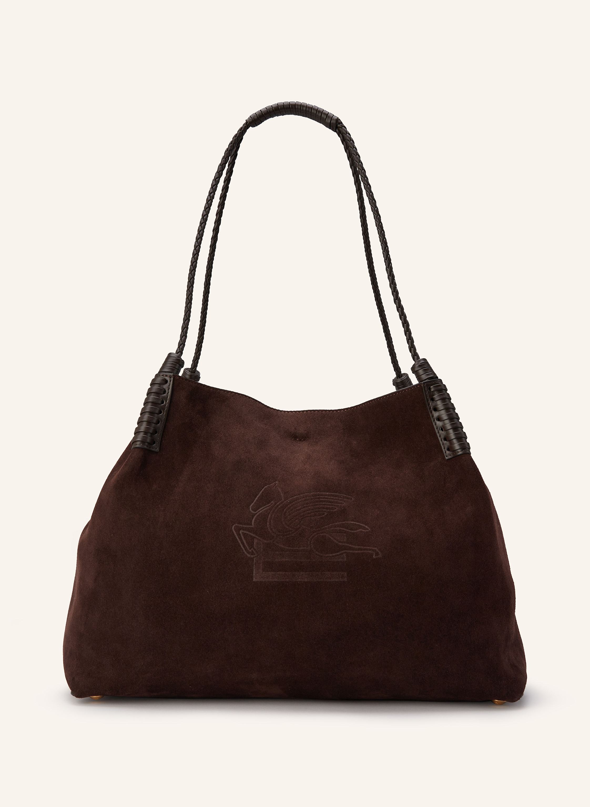 Etro Glatt- und Veloursleder. Schließt mit innenliegendem Karabinerhaken. Ein Tragegriff. Fixierte Pouch mit Druckknopfverschluss. Innen ein Hauptfach. Label-Details. Made in Italy in dunkelbraun