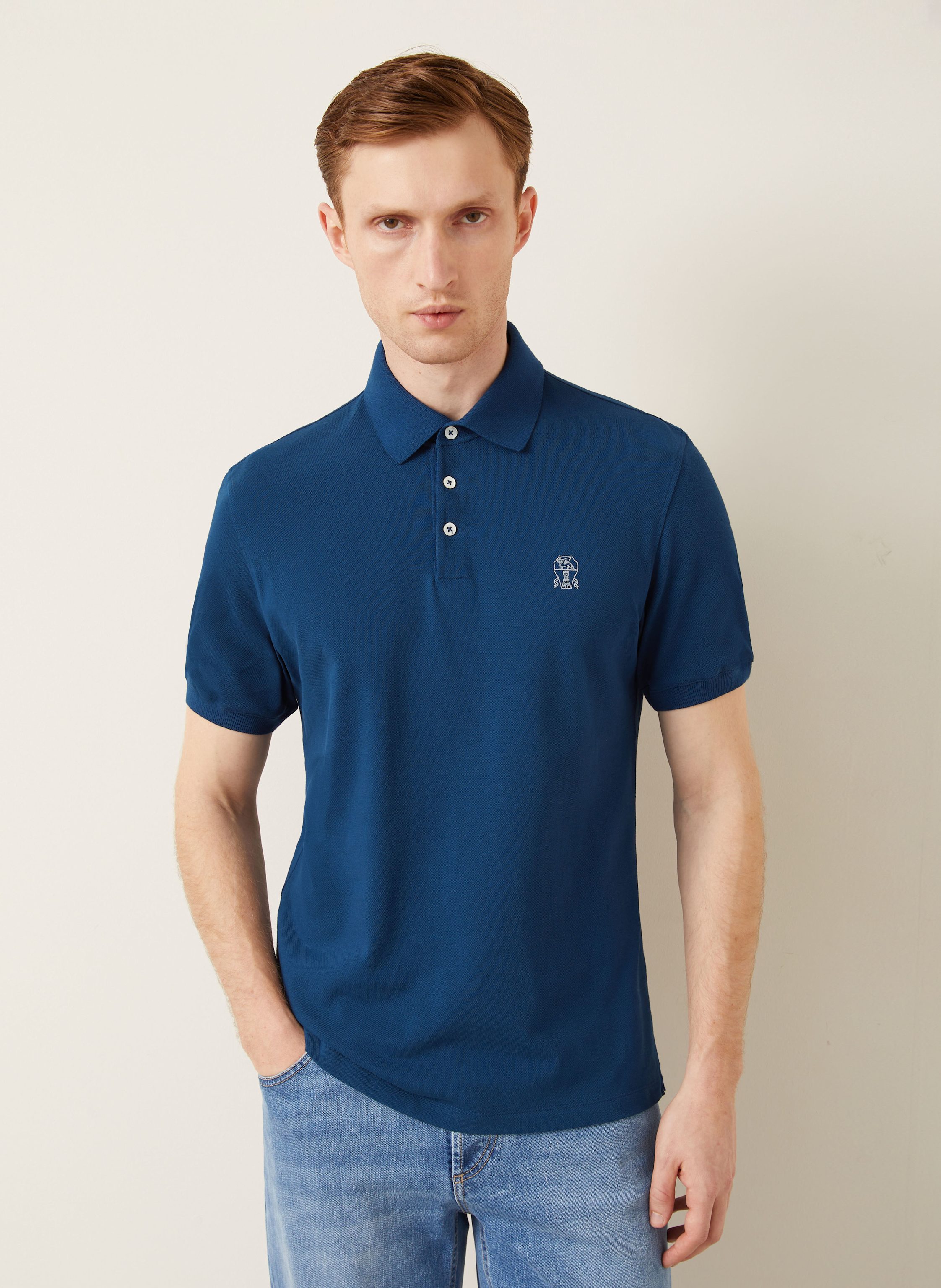 Thumbnail - Brunello Cucinelli Piqué-Poloshirt blau