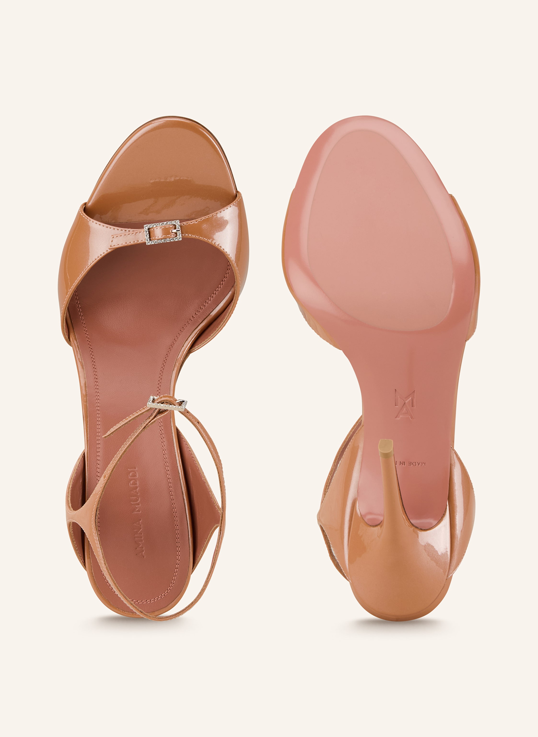Thumbnail - Amina Muaddi Lacksandaletten beige
