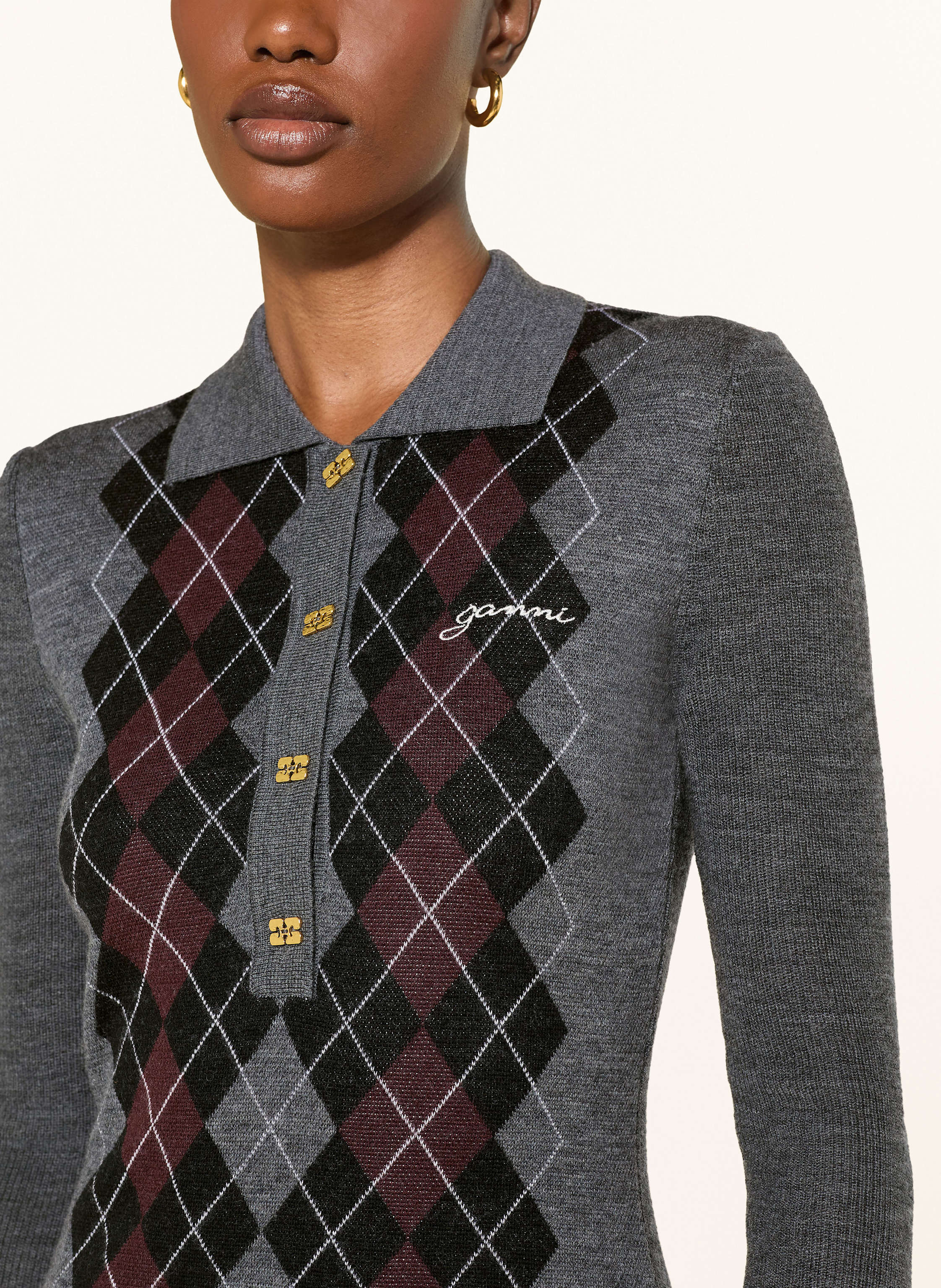 Thumbnail - Ganni Strick-Poloshirt Aus Merinowolle grau