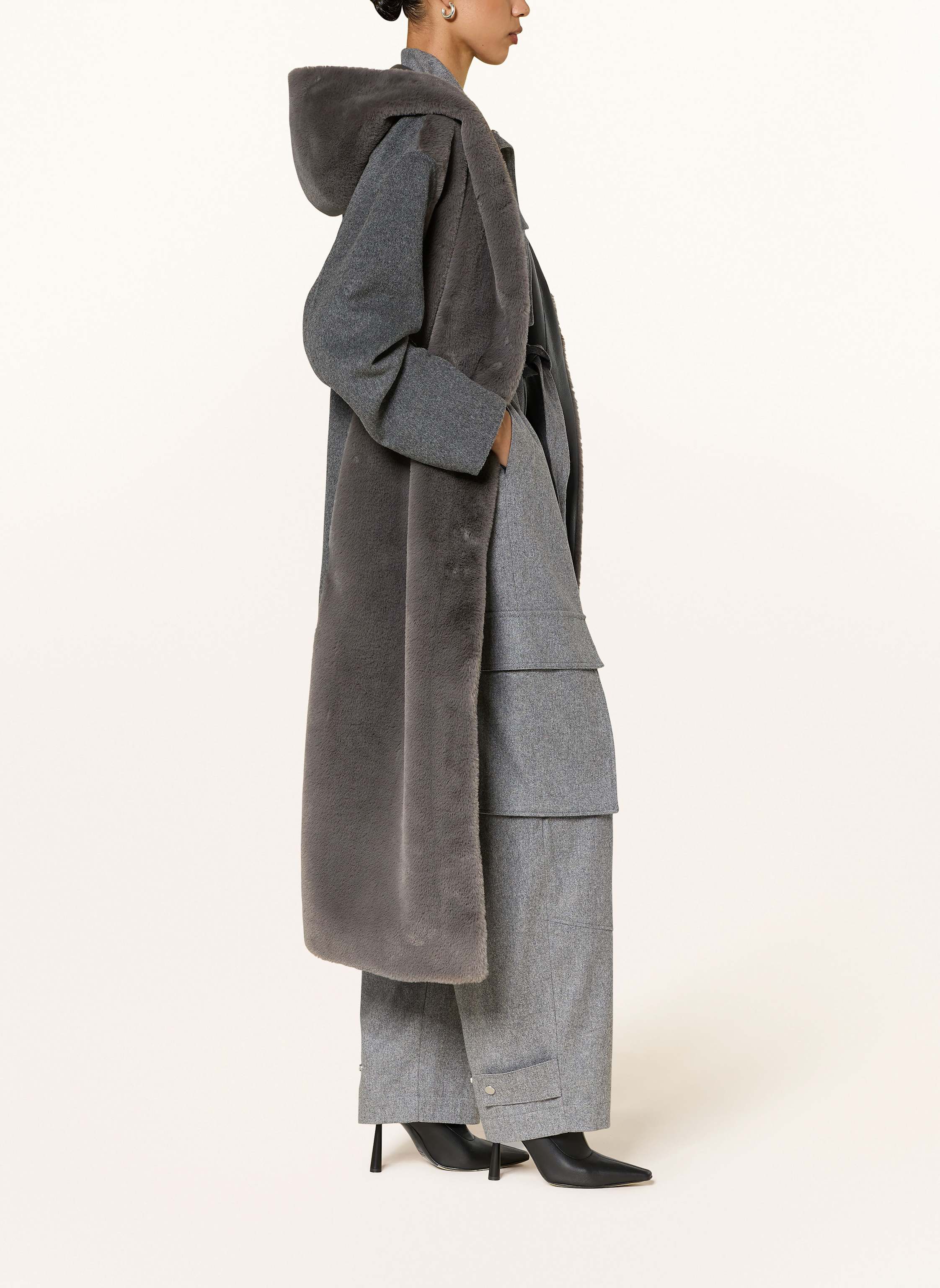 Thumbnail - Boss Wollmantel Cosfur Im Materialmix Mit Kunstfell grau