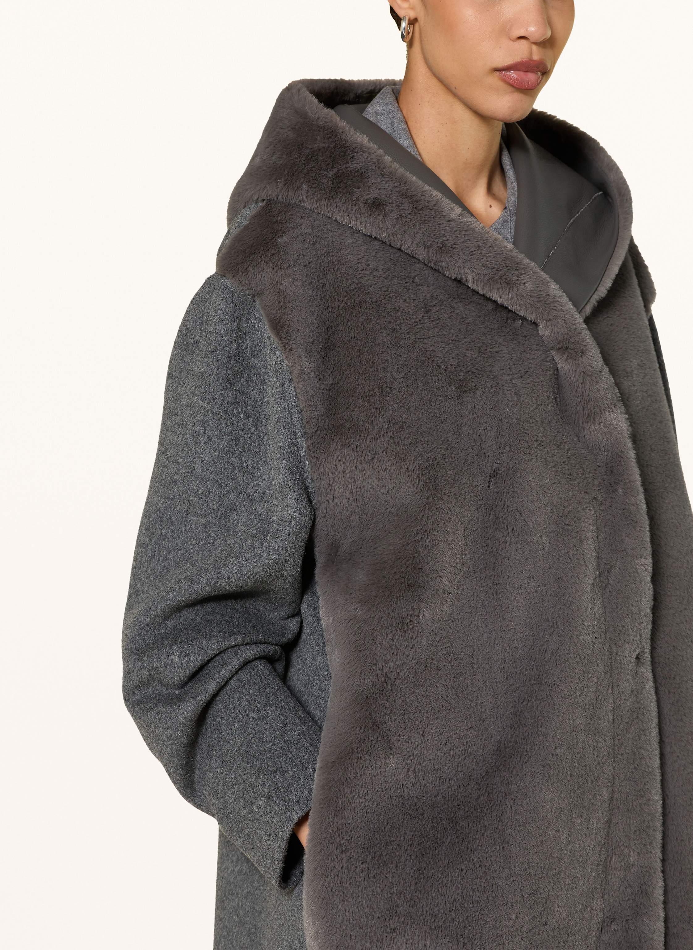 Thumbnail - Boss Wollmantel Cosfur Im Materialmix Mit Kunstfell grau