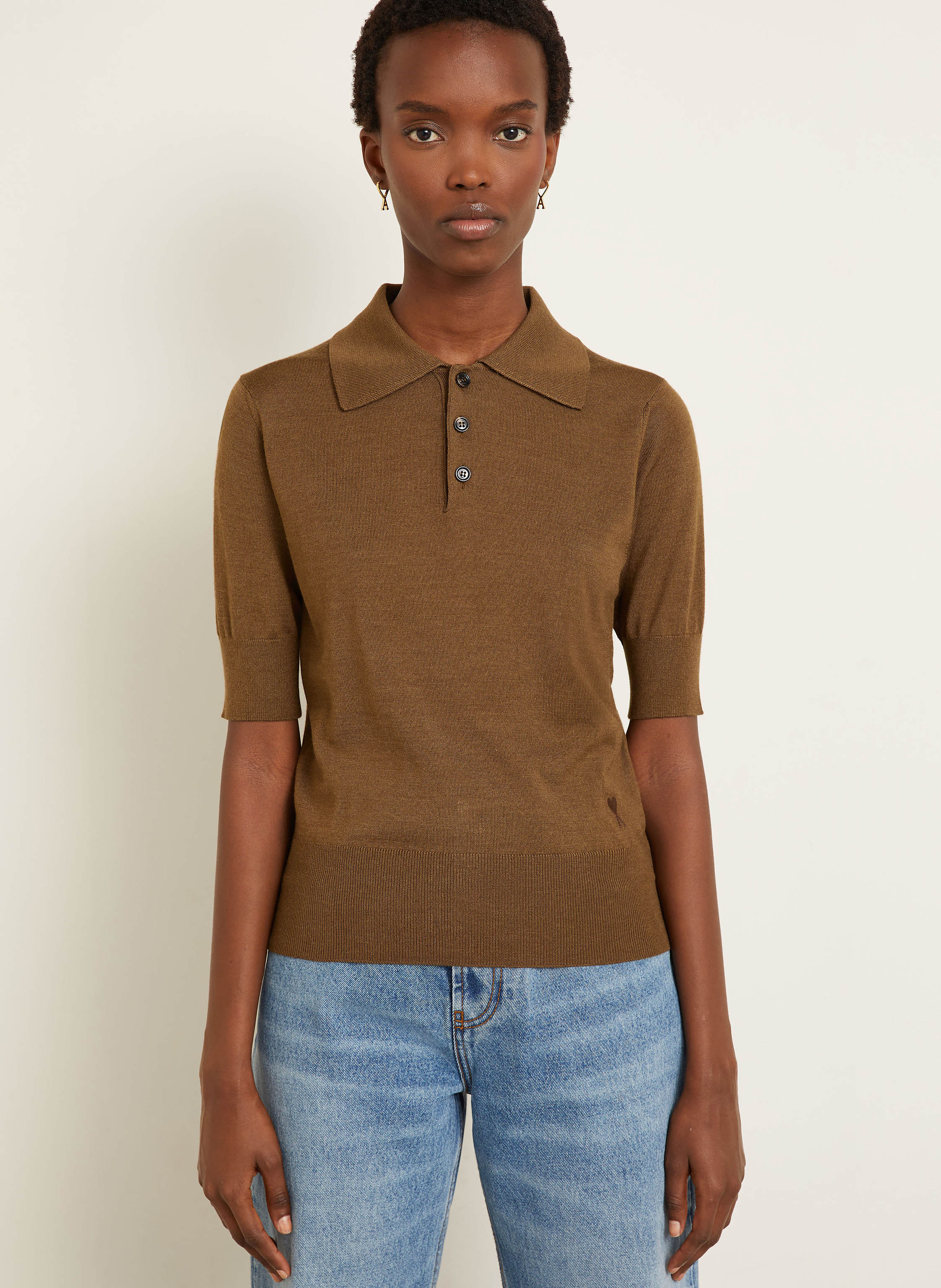 Thumbnail - Ami Paris Strick-Poloshirt braun