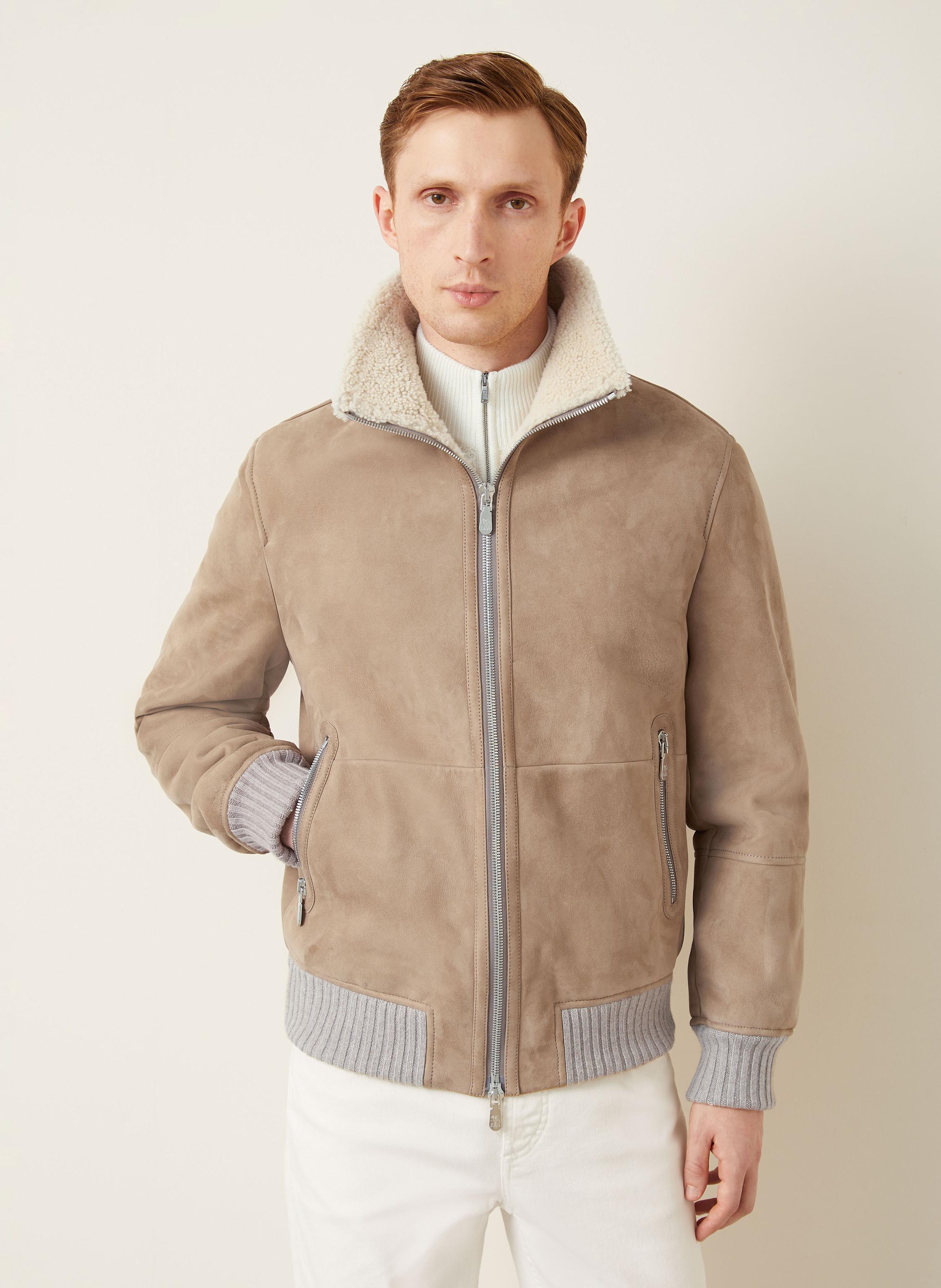 Thumbnail - Brunello Cucinelli Lederblouson Im Materialmix beige