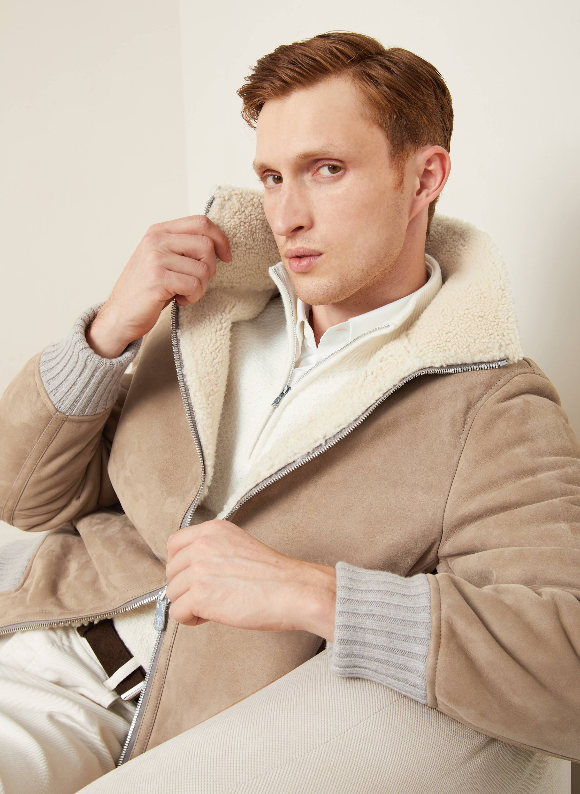 Thumbnail - Brunello Cucinelli Lederblouson Im Materialmix beige