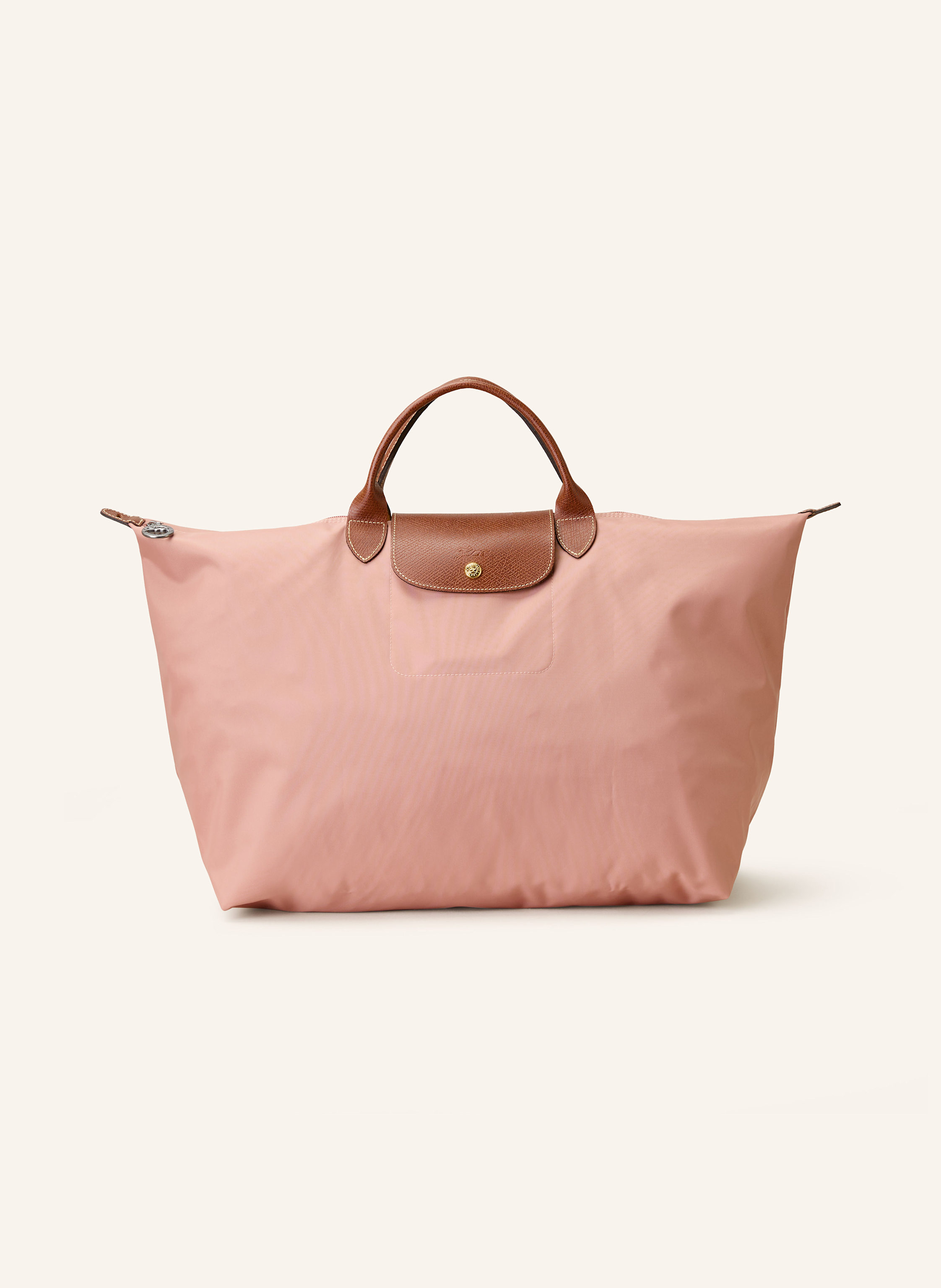 Longchamp Goldfarbene Metalldetails. Schließt mit einem Druckknopf. Tragehenkel. Steckfach für Smartphone & Co. Faltbar Large in lachs