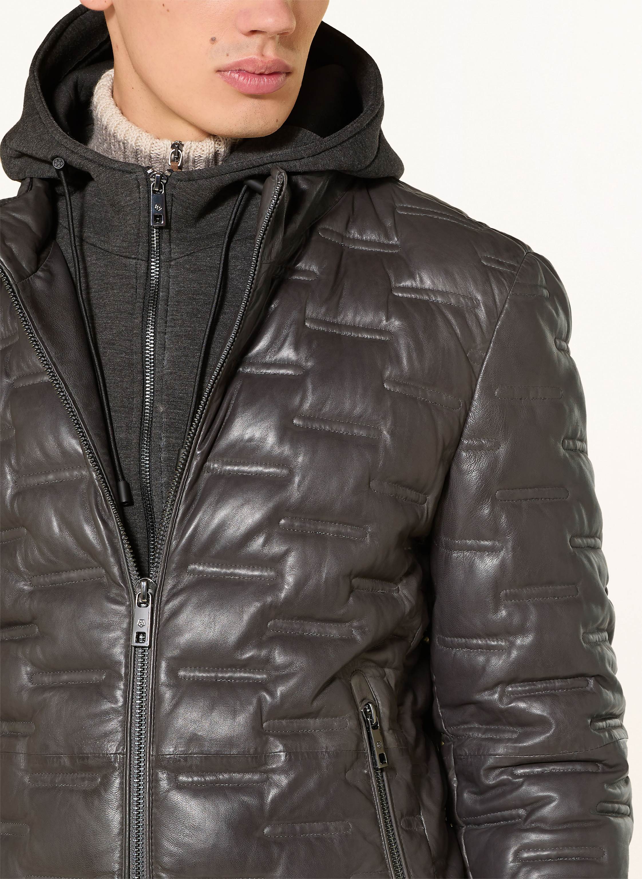 Thumbnail - Milestone Lederjacke Mit Dupont™ Sorona®-Isolierung Und Abnehmbarer Kapuze grau