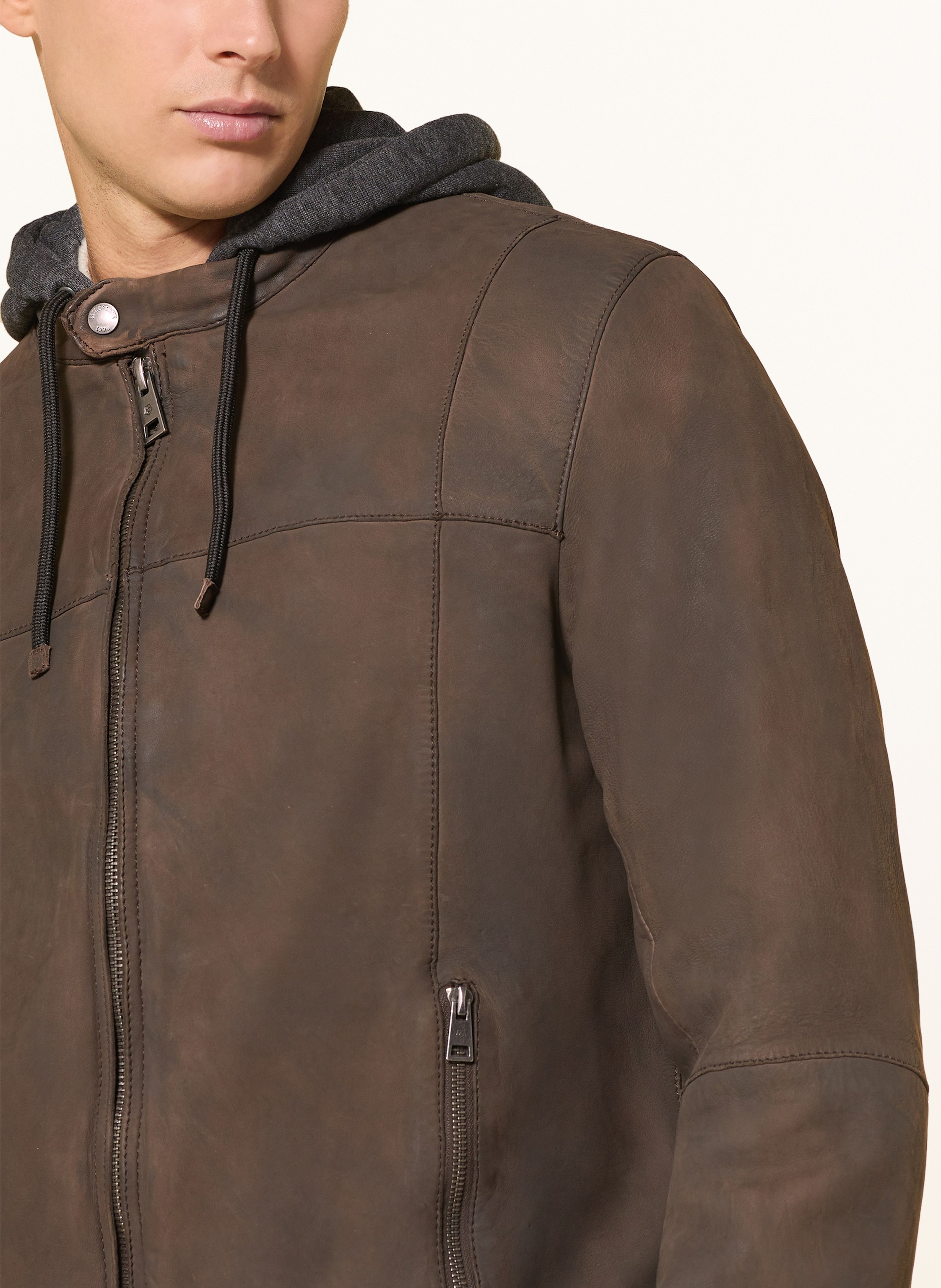 Thumbnail - Milestone Lederjacke Msrenaldo Im Materialmix Mit Abnehmbarer Kapuze braun