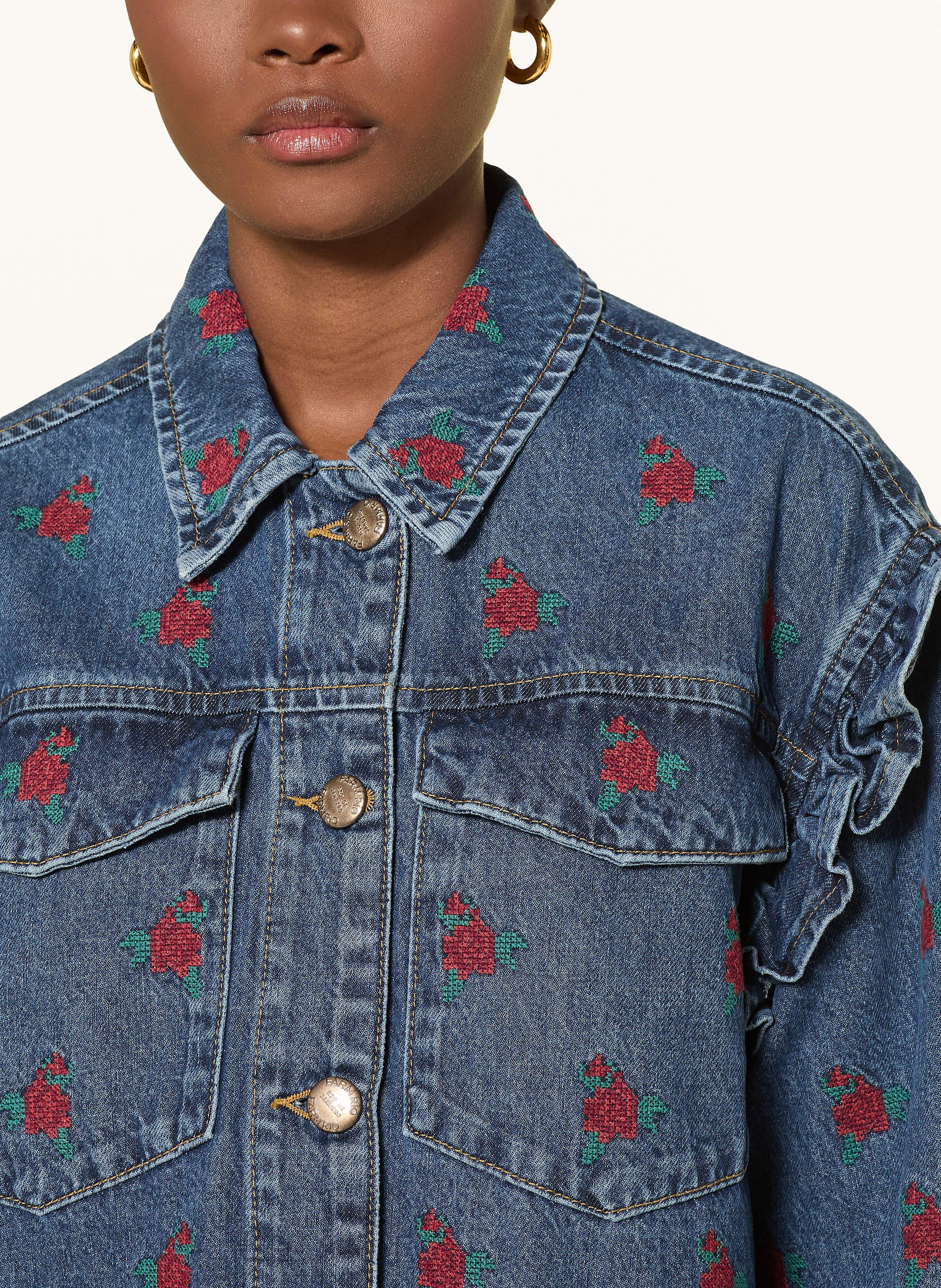 Thumbnail - Farm Rio Jeansjacke Flower Embroidered Mit Rüschen blau