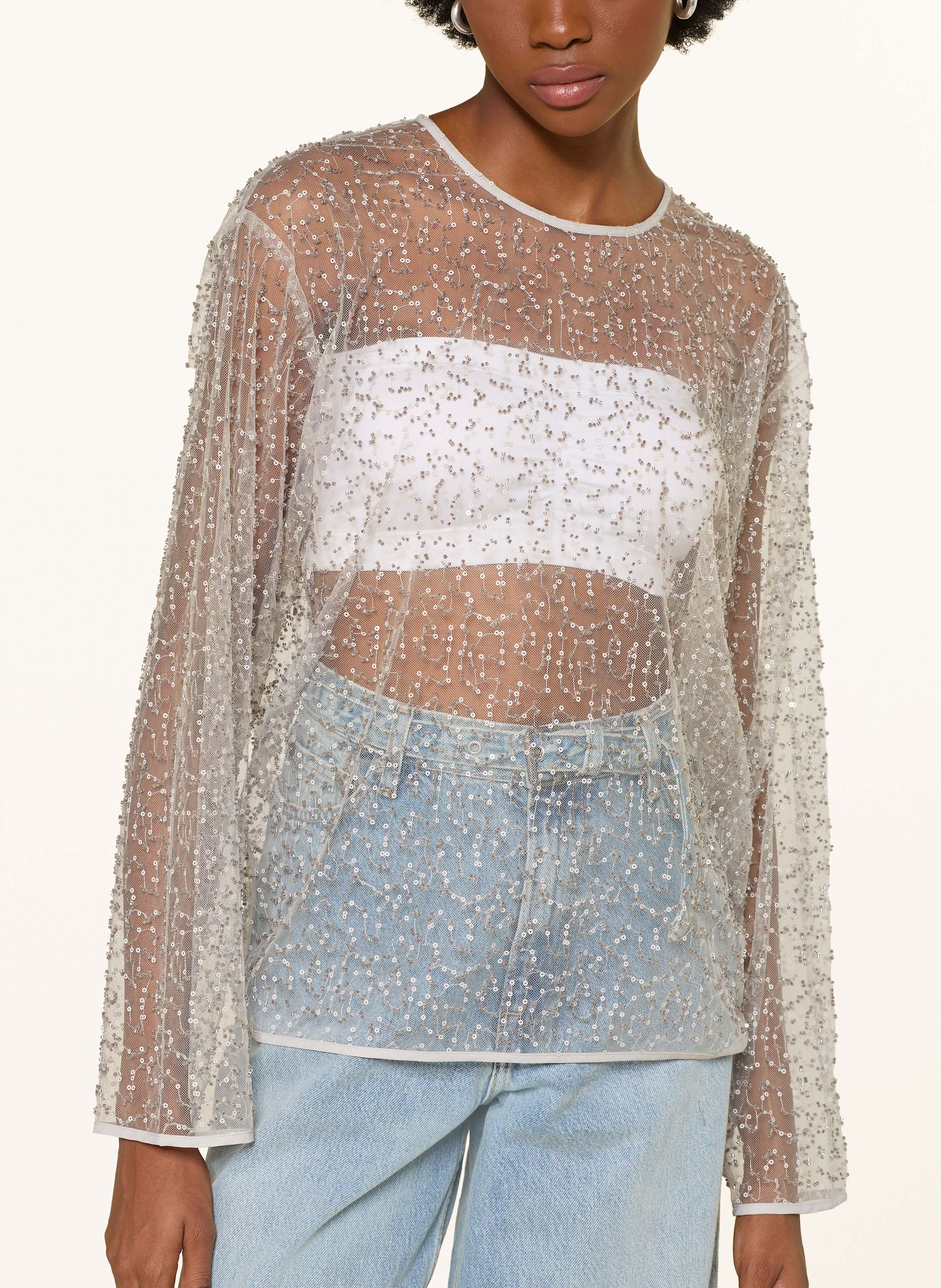 Thumbnail - Samsøe Samsøe Blusenshirt Samally Aus Mesh Mit Schmuckperlen Und Pailletten grau