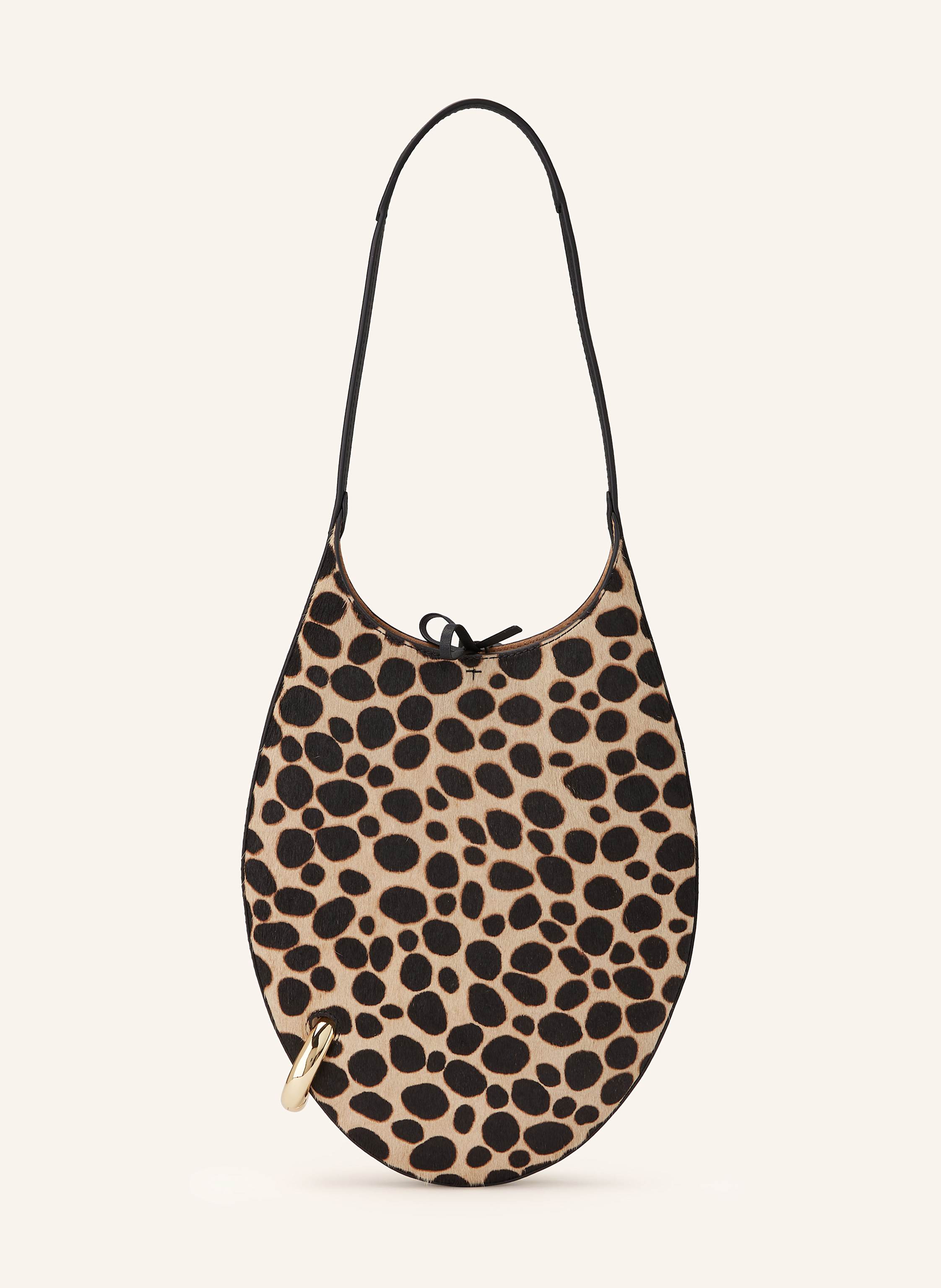 Tory Burch Aus Leder. Ponyfell-Optik. Animal-Print. Ein Tragegriff. Innen ein Hauptfach. Ein Steckfach. Ein Reißverschlussfach. Goldfarbenes Metall-Detail in beige / schwarz