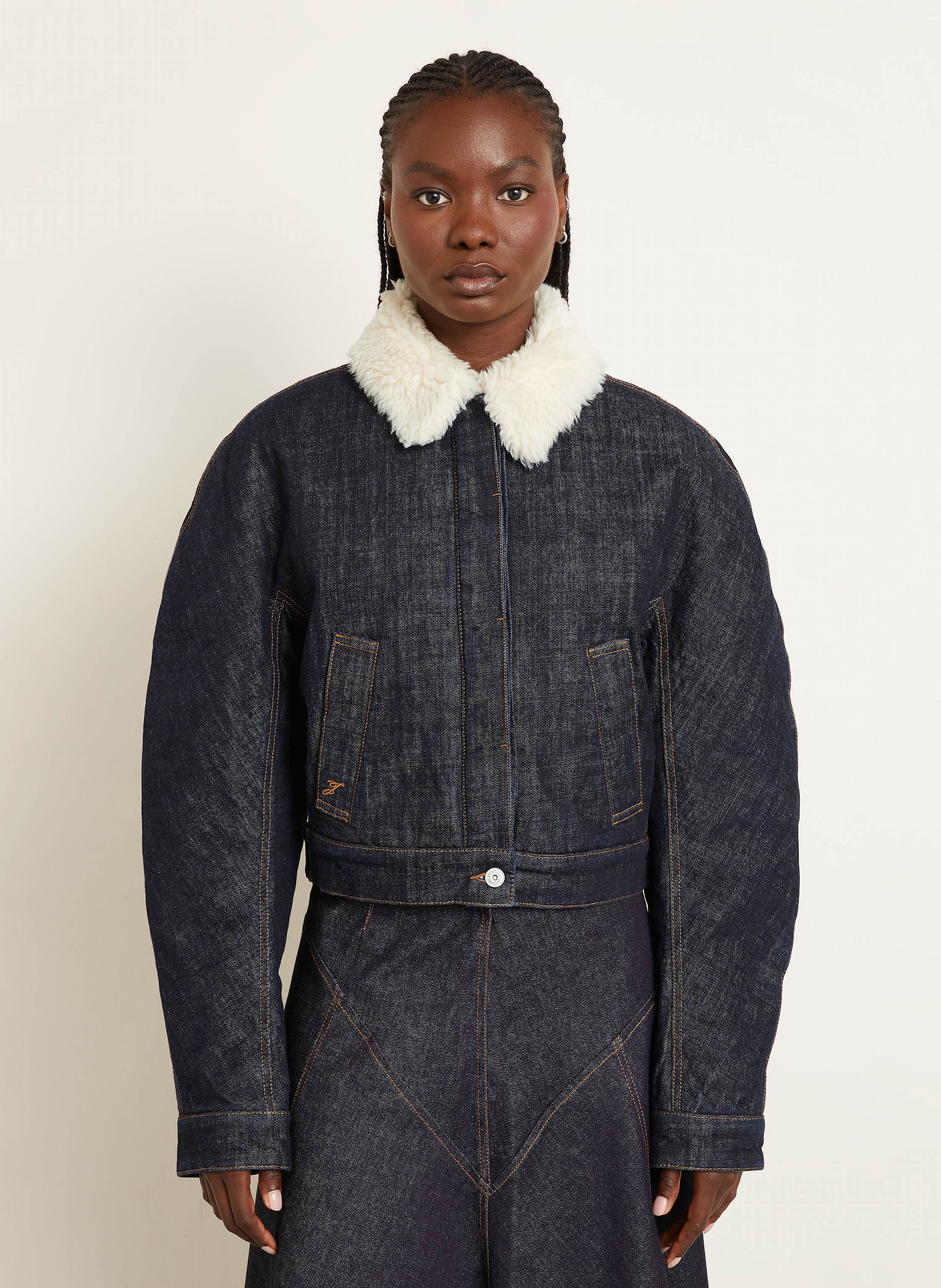 Thumbnail - Jacquemus Jeansjacke Le Bomber De-Nîmes Ovalo Mit Kunstfell blau