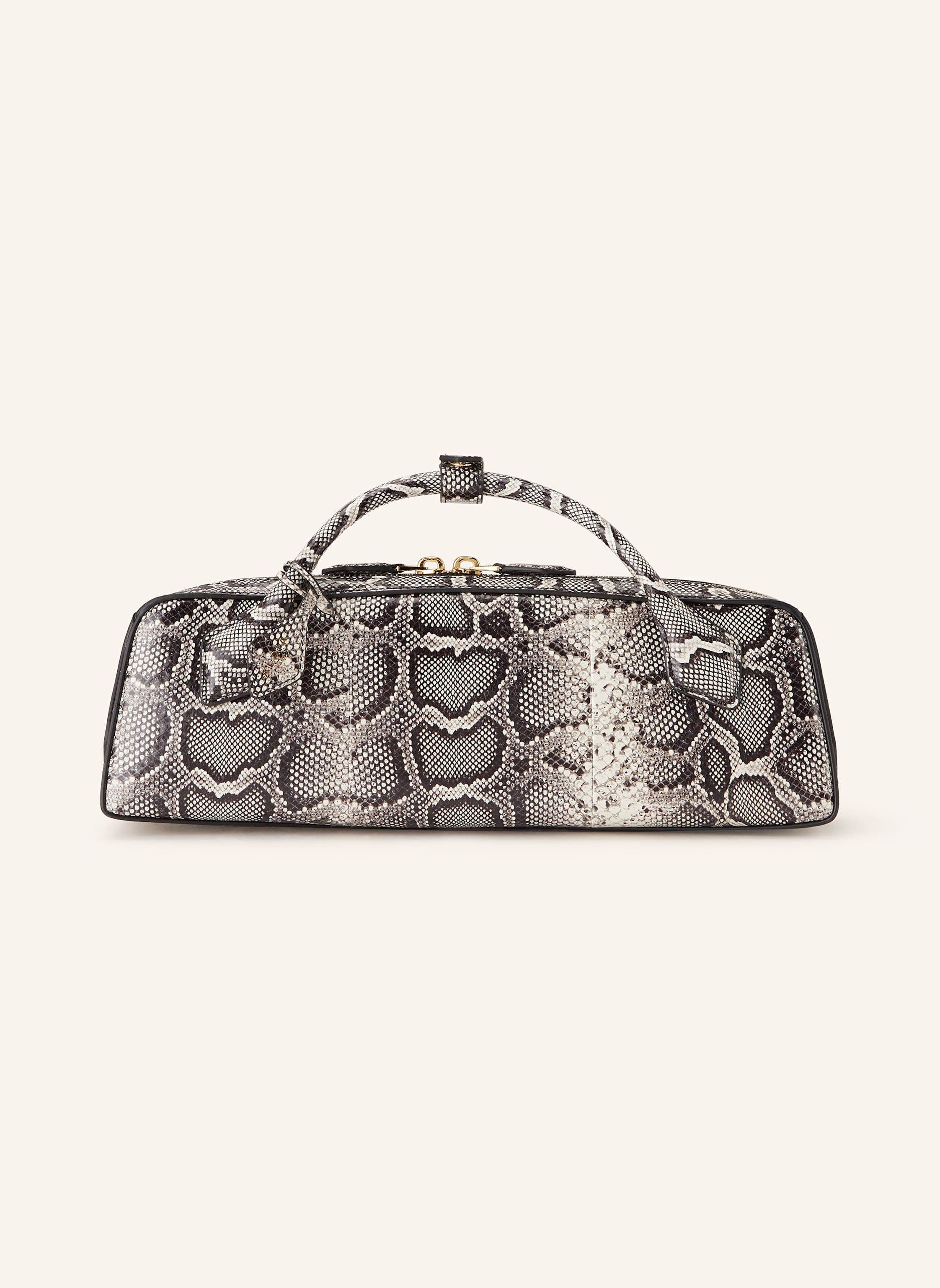 Alaïa Leder. Reptilienoptik. Schließt mit Reißverschluss. Zwei Tragegriffe. Innen ein Hauptfach. Ein Kartensteckfach innen. Verstärkter Taschenboden in schwarz / weiss