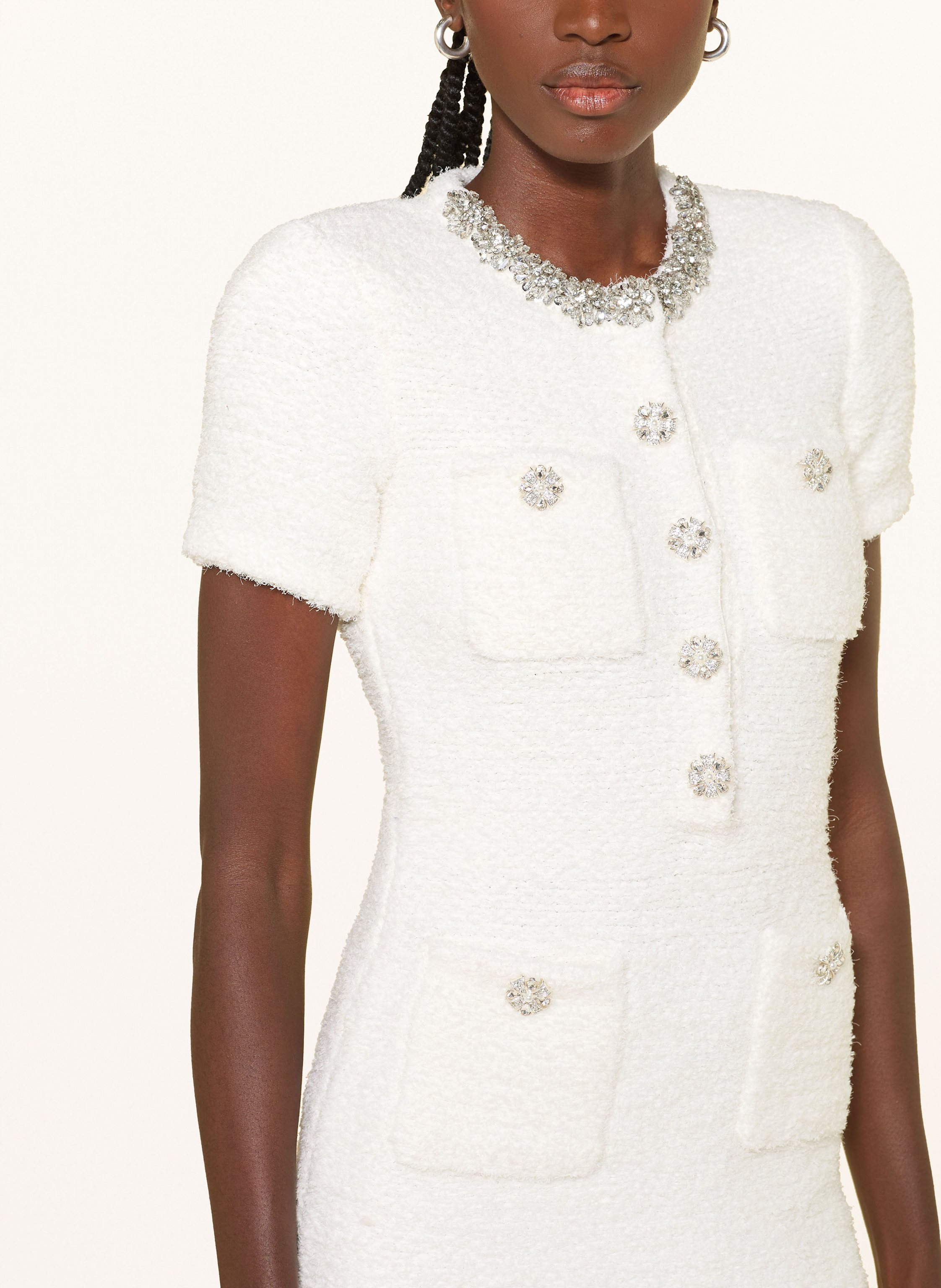 Thumbnail - Self-Portrait Tweed-Kleid Mit Schmucksteinen weiss