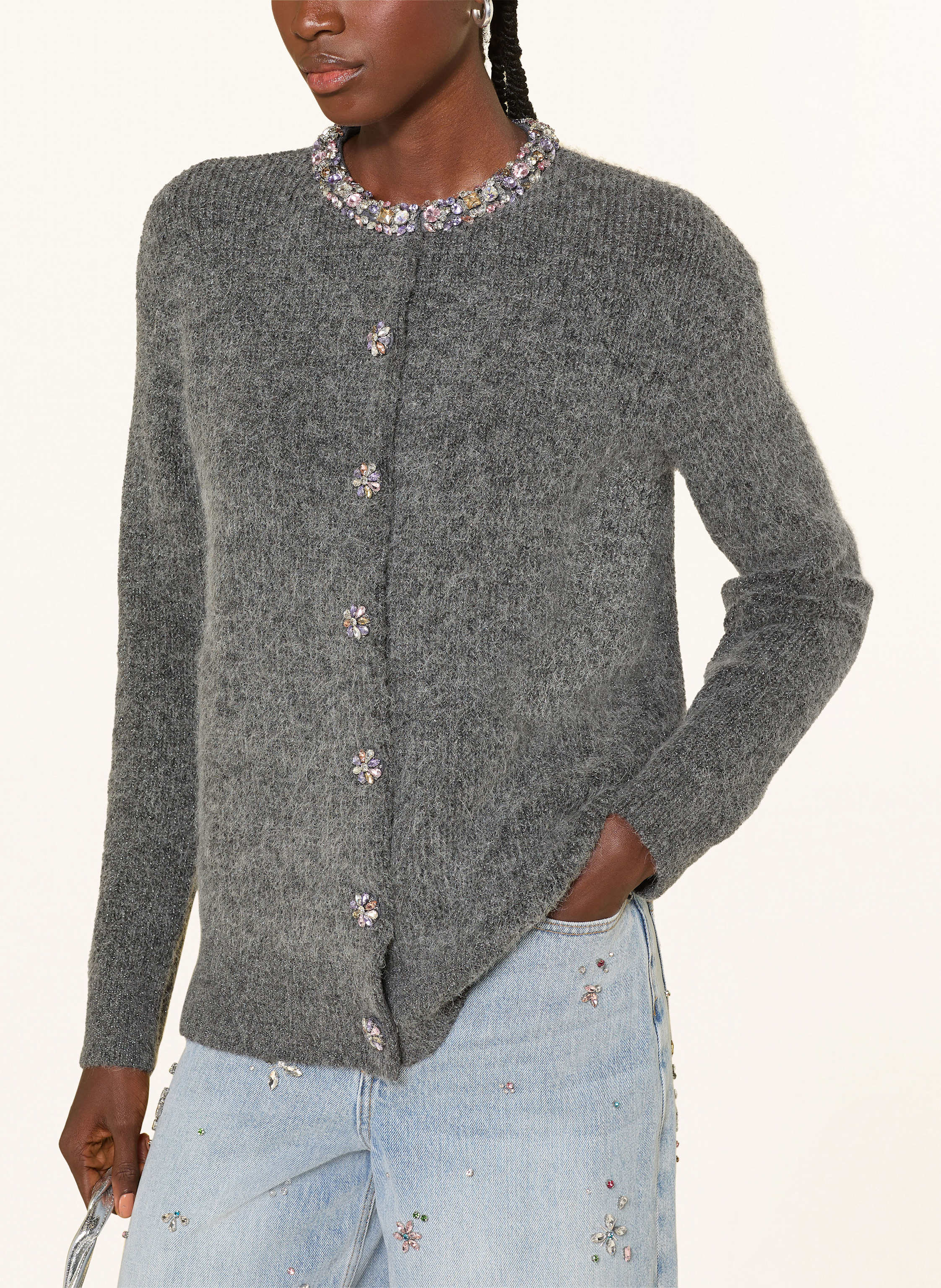 Thumbnail - Self-Portrait Strickjacke Mit Schmucksteinen Und Glitzergarn grau