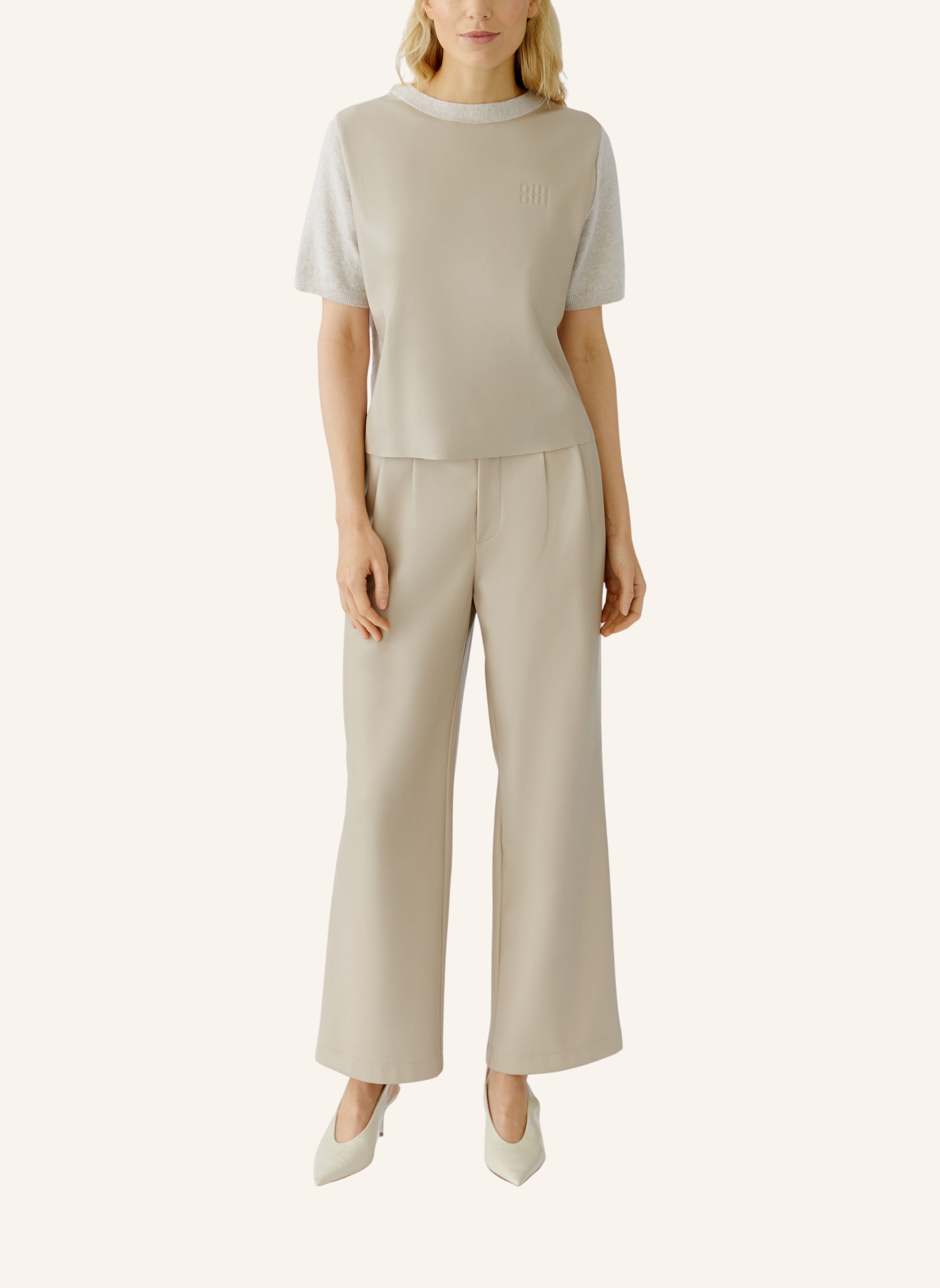 Thumbnail - Oui Strickshirt Im Materialmix Mit Lederoptik beige