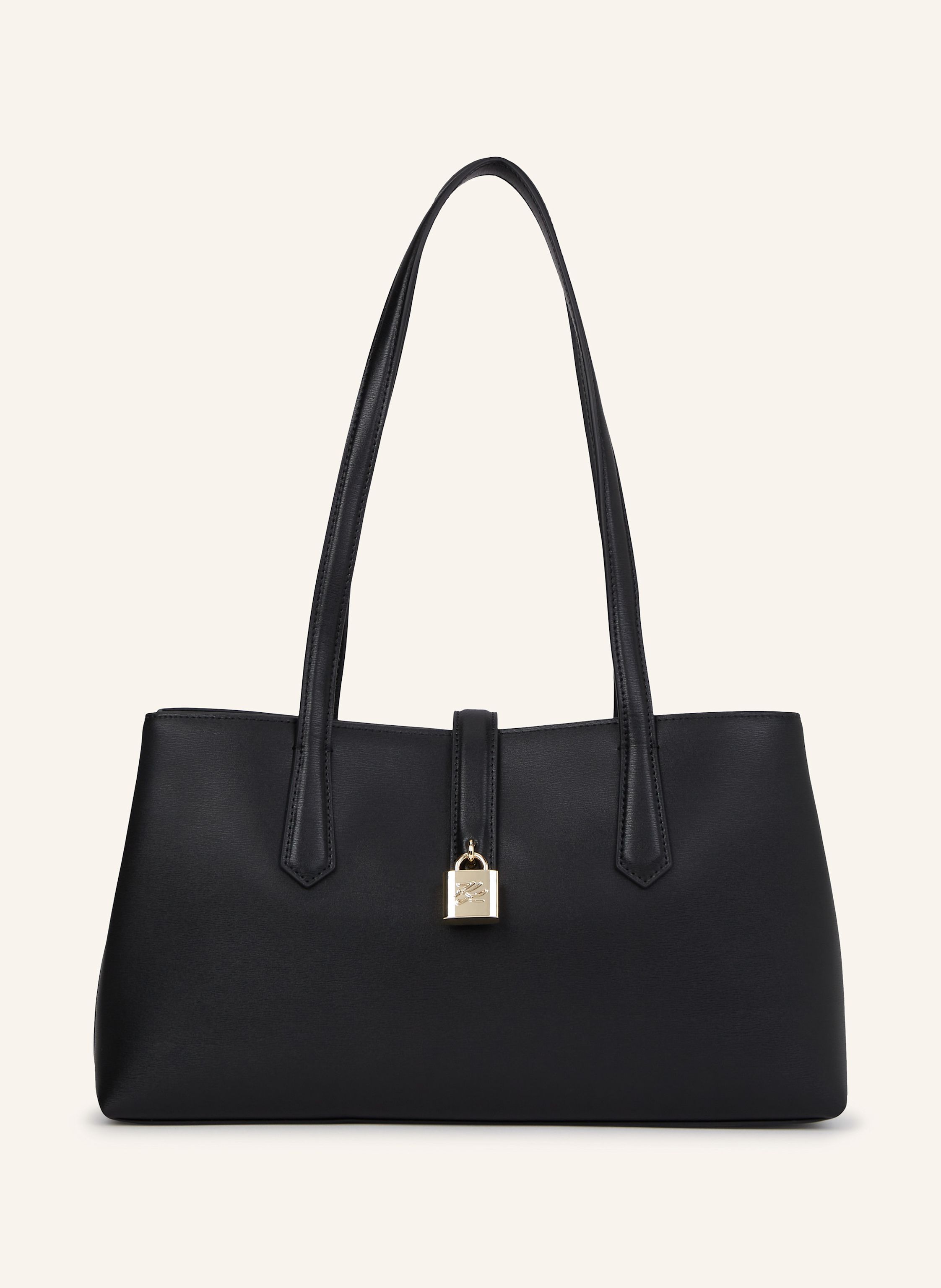 Karl Lagerfeld Eine moderne rechteckige Silhouette kennzeichnet diese Tote Bag aus Leder mit extra langen Griffen für vielseitigen Tragekomfort. Ein filigranes Vorhängeschloss mit eingraviertem Karl Autograph verlei in schwarz/ gold