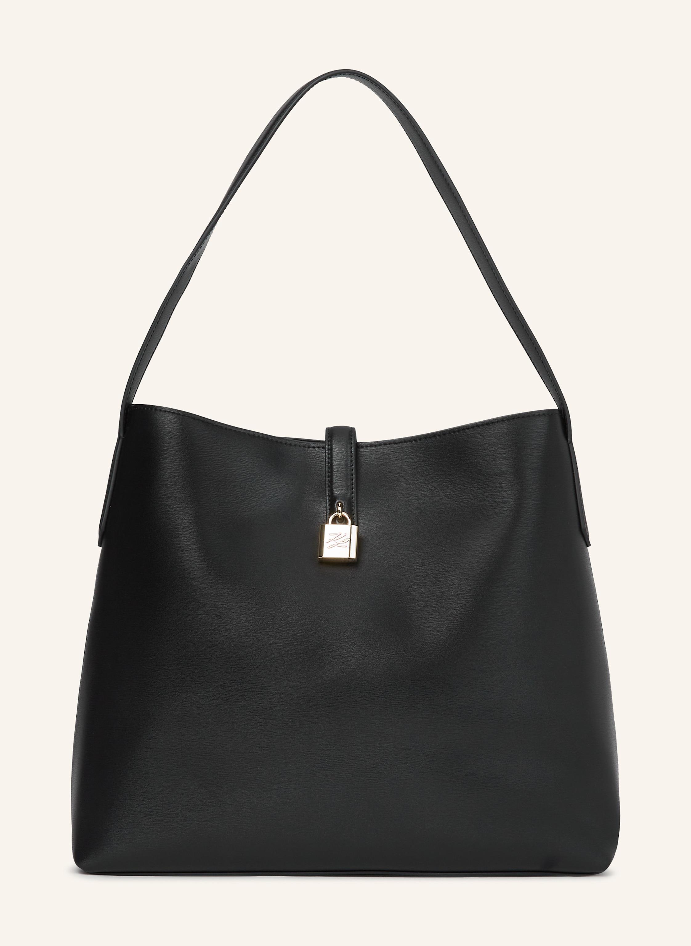 Karl Lagerfeld Verleihen Sie Ihren Alltagsstylings einen Hauch von dezentem Luxus mit dieser vielseitigen Hobo-Tasche aus weichem, glänzendem Leder. Ein Laschenverschluss, verziert mit einem eleganten Vorhängeschlos in schwarz/ gold