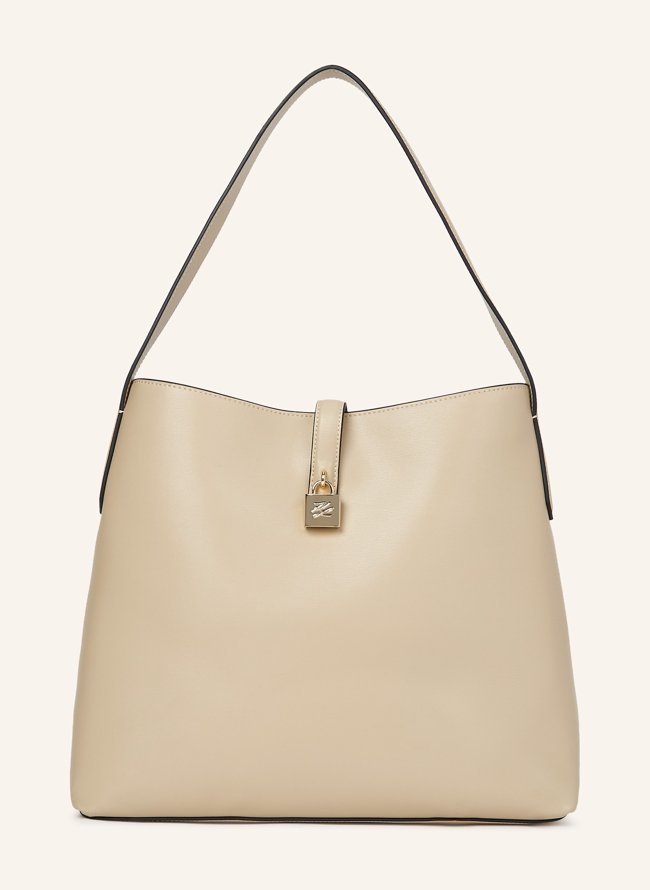 Karl Lagerfeld Verleihen Sie Ihren Alltagsstylings einen Hauch von dezentem Luxus mit dieser vielseitigen Hobo-Tasche aus weichem, glänzendem Leder. Ein Laschenverschluss, verziert mit einem eleganten Vorhängeschlos in beige