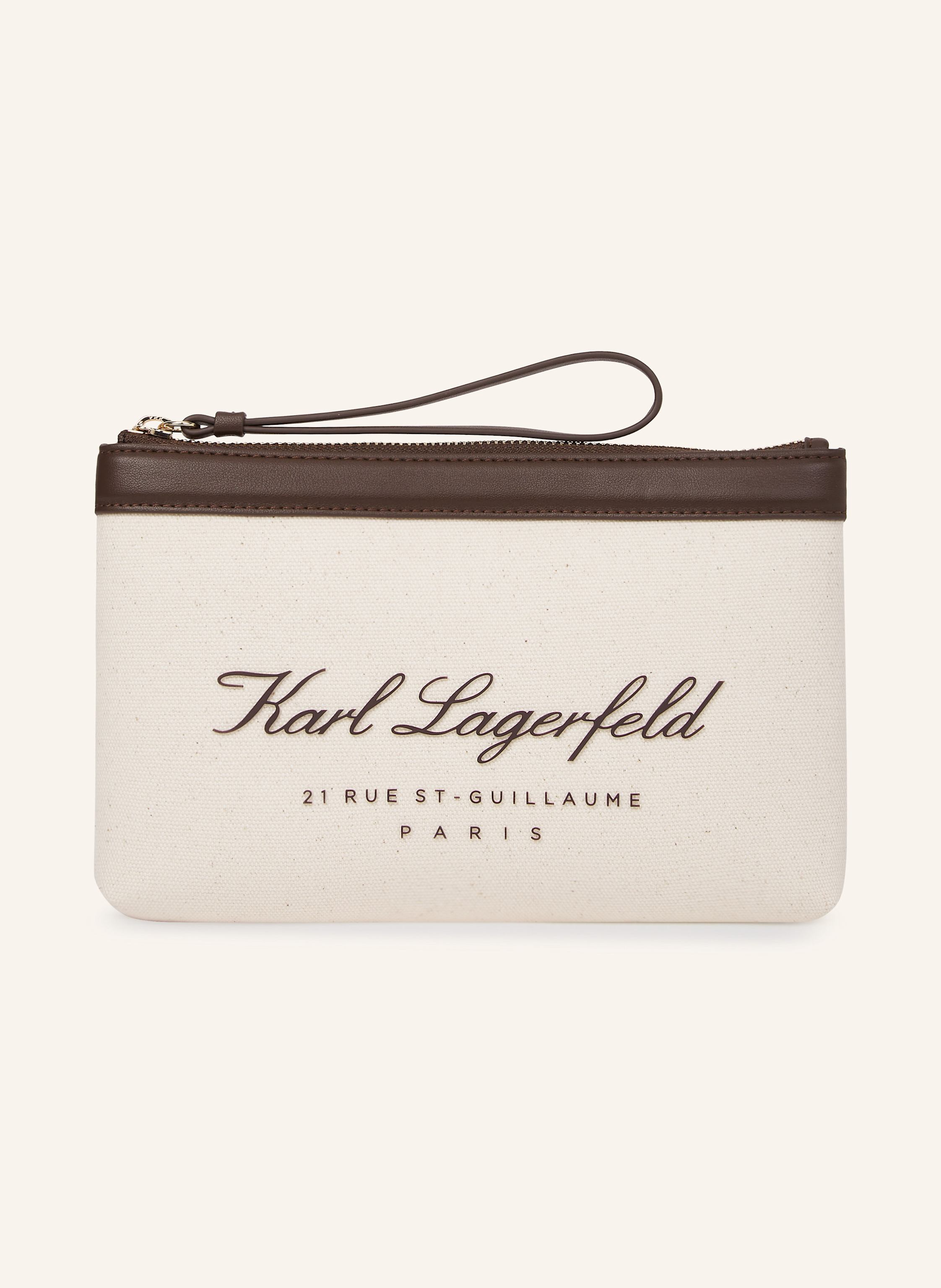 Karl Lagerfeld Ein schicker Beutel aus weicher Baumwolle mit Besätzen aus technischem Leder. Der Reißverschluss und das aufgesetzte Motiv verleihen ihm Textur und Charakter. Lässt sich perfekt in der passenden Stran in beige