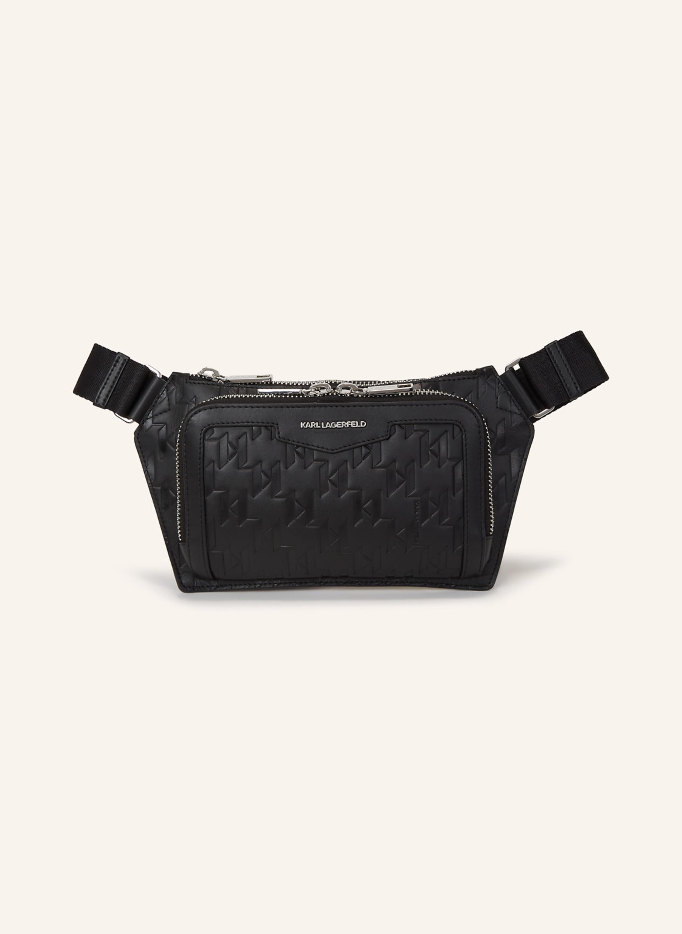 Karl Lagerfeld Der verstellbare Riemen mit Metallschnalle auf dieser eleganten KARL LAGERFELD-Gürteltasche sorgt für eine perfekte Passform, während ein durchgehendes, geprägtes KL-Monogramm-Design einen Hauch von R in schwarz