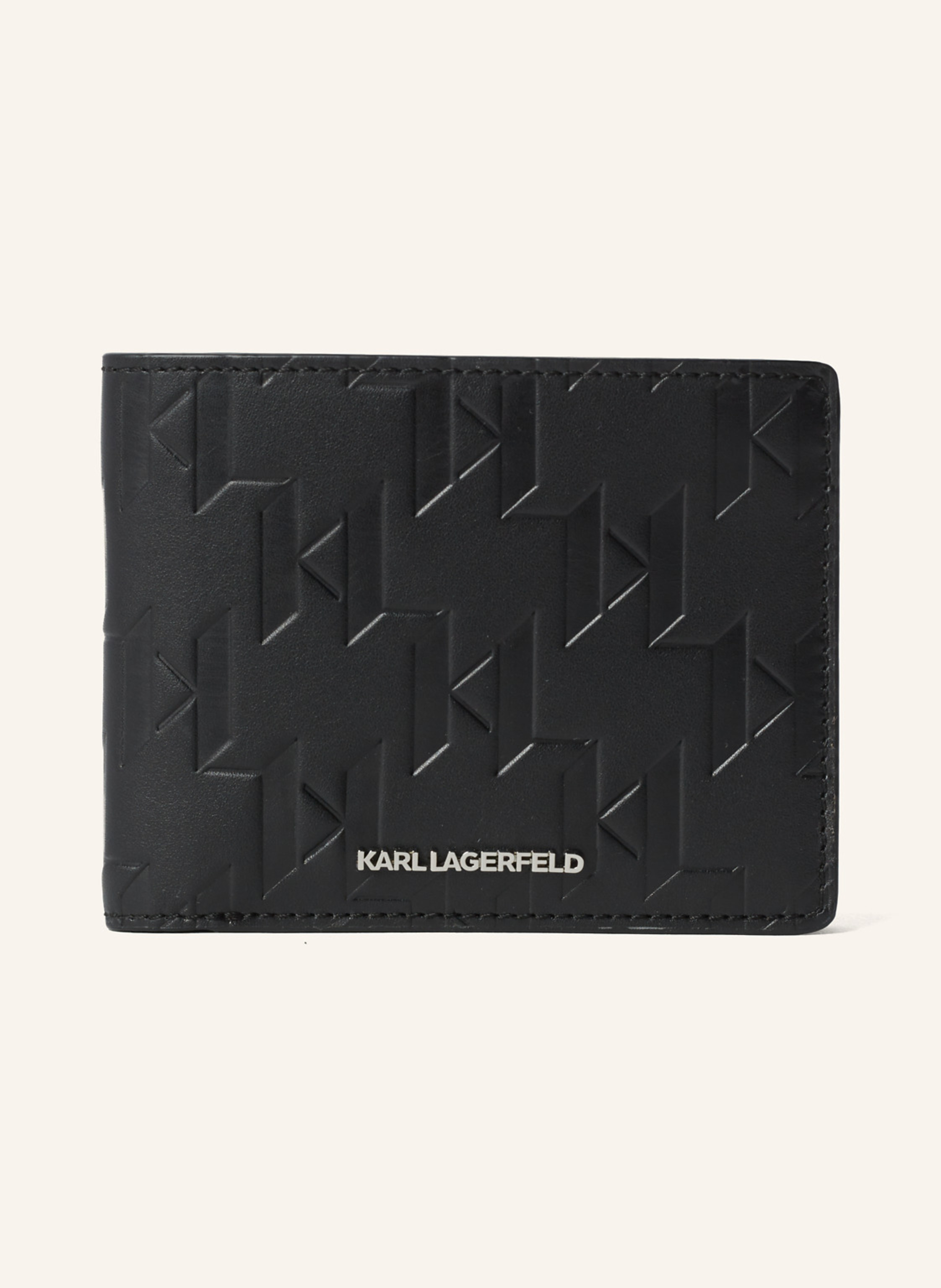Karl Lagerfeld Alltagstaugliches Accessoire mit extra Flair. Dieses Faltportemonnaie mit Münztasche besteht aus luxuriösem Leder mit KARL-Monogramm-Prägung. Gefaltete Ausführung. Innenliegendes Münzfach, Kartenschli in schwarz