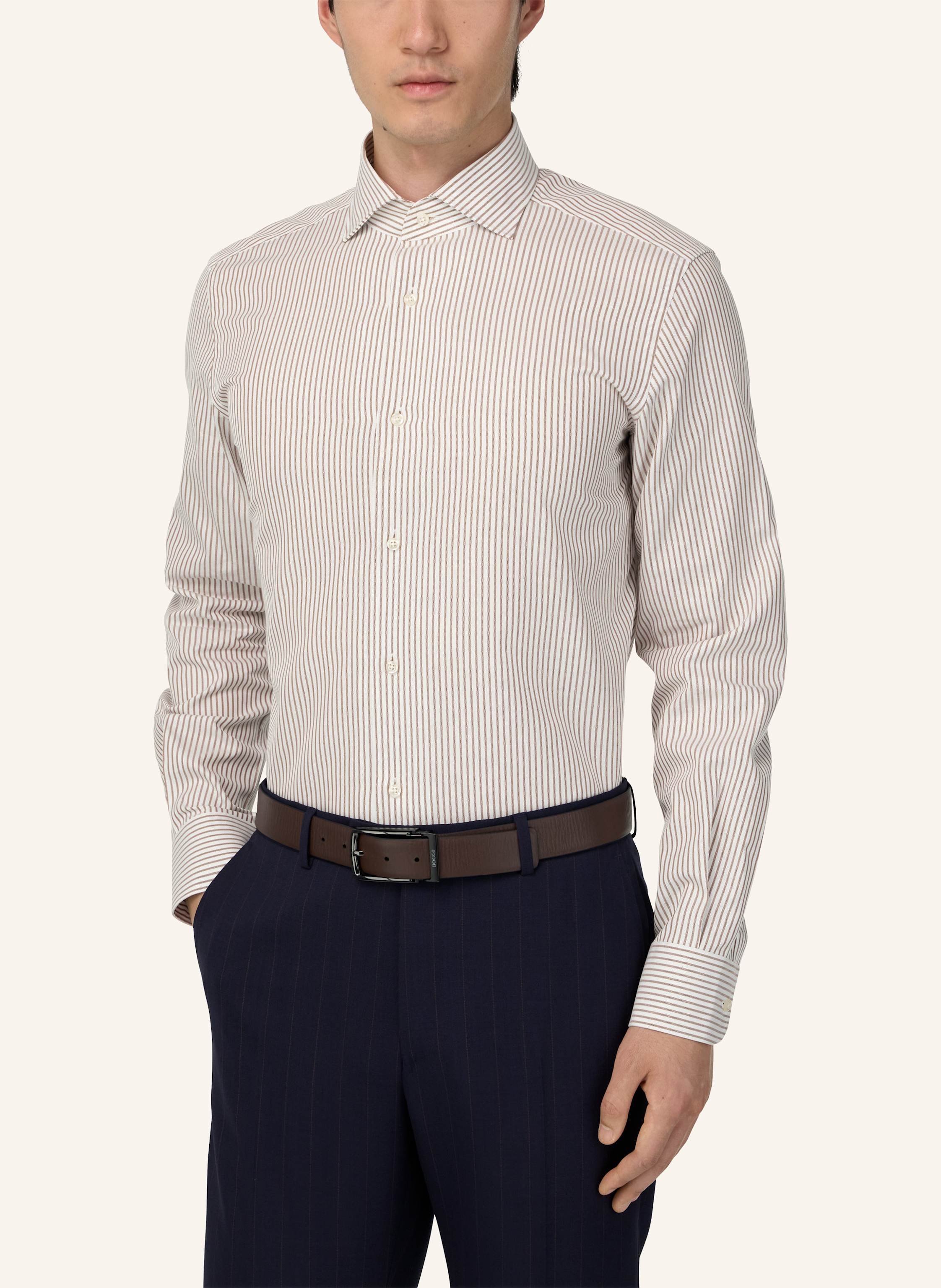 Thumbnail - Boggi Milano Regular Fit Striped Cotton Shirt braun