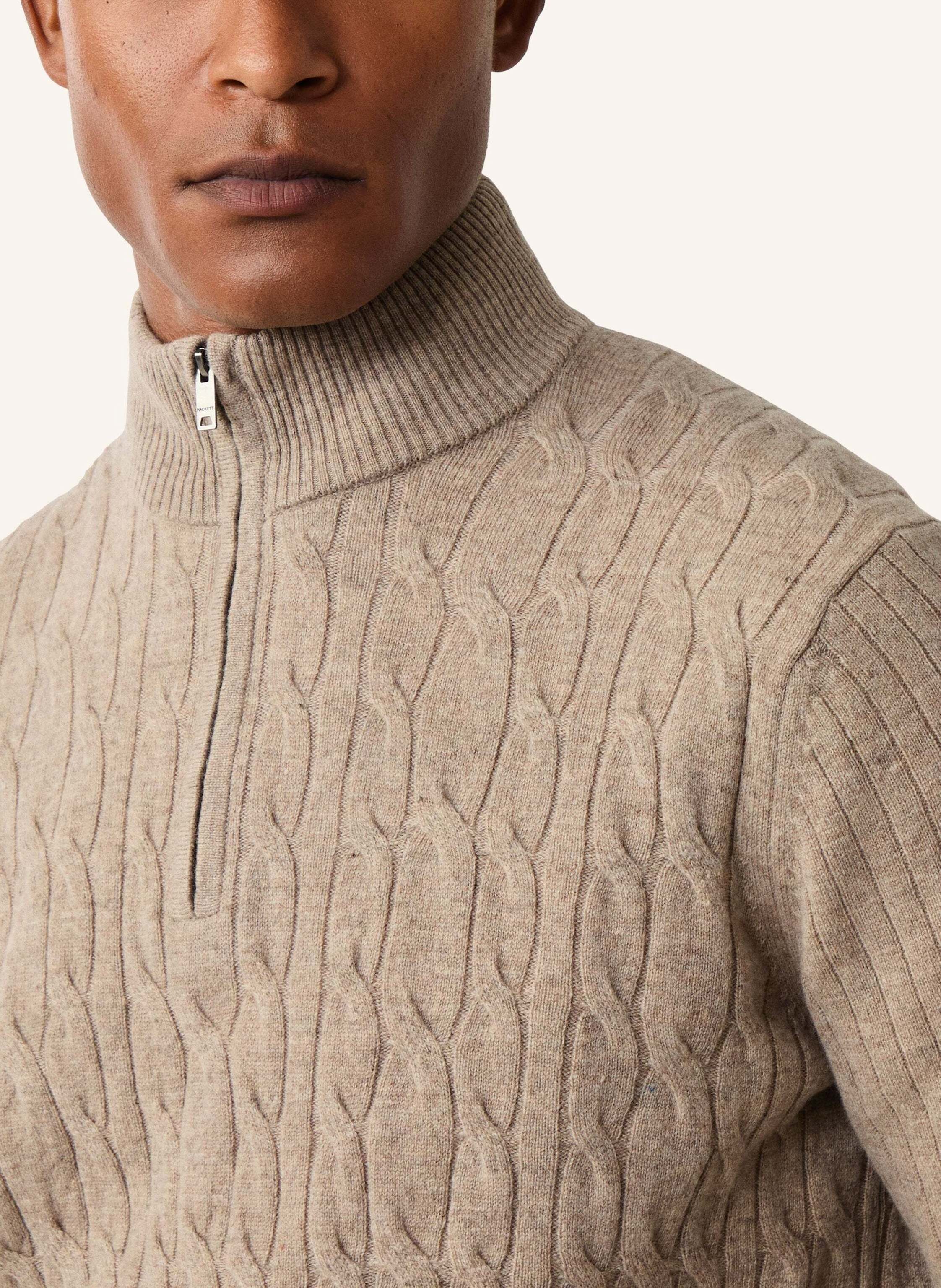 Thumbnail - Hackett London Pullover Lambswool Cable Hzip beige