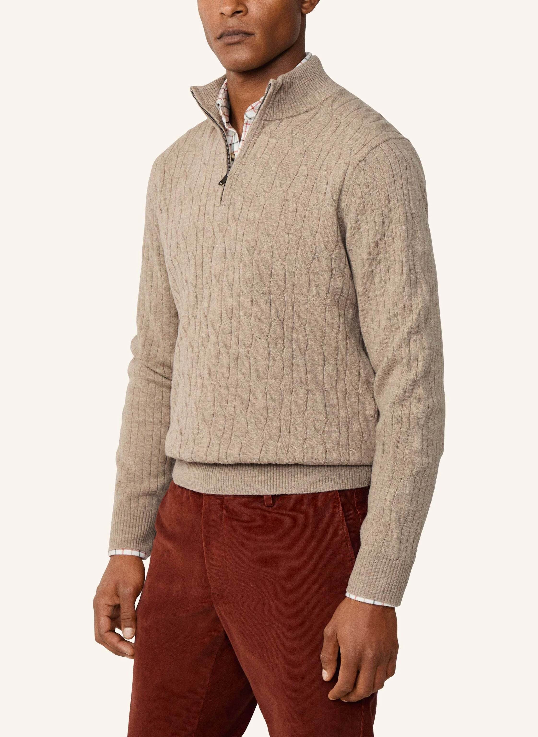 Thumbnail - Hackett London Pullover Lambswool Cable Hzip beige
