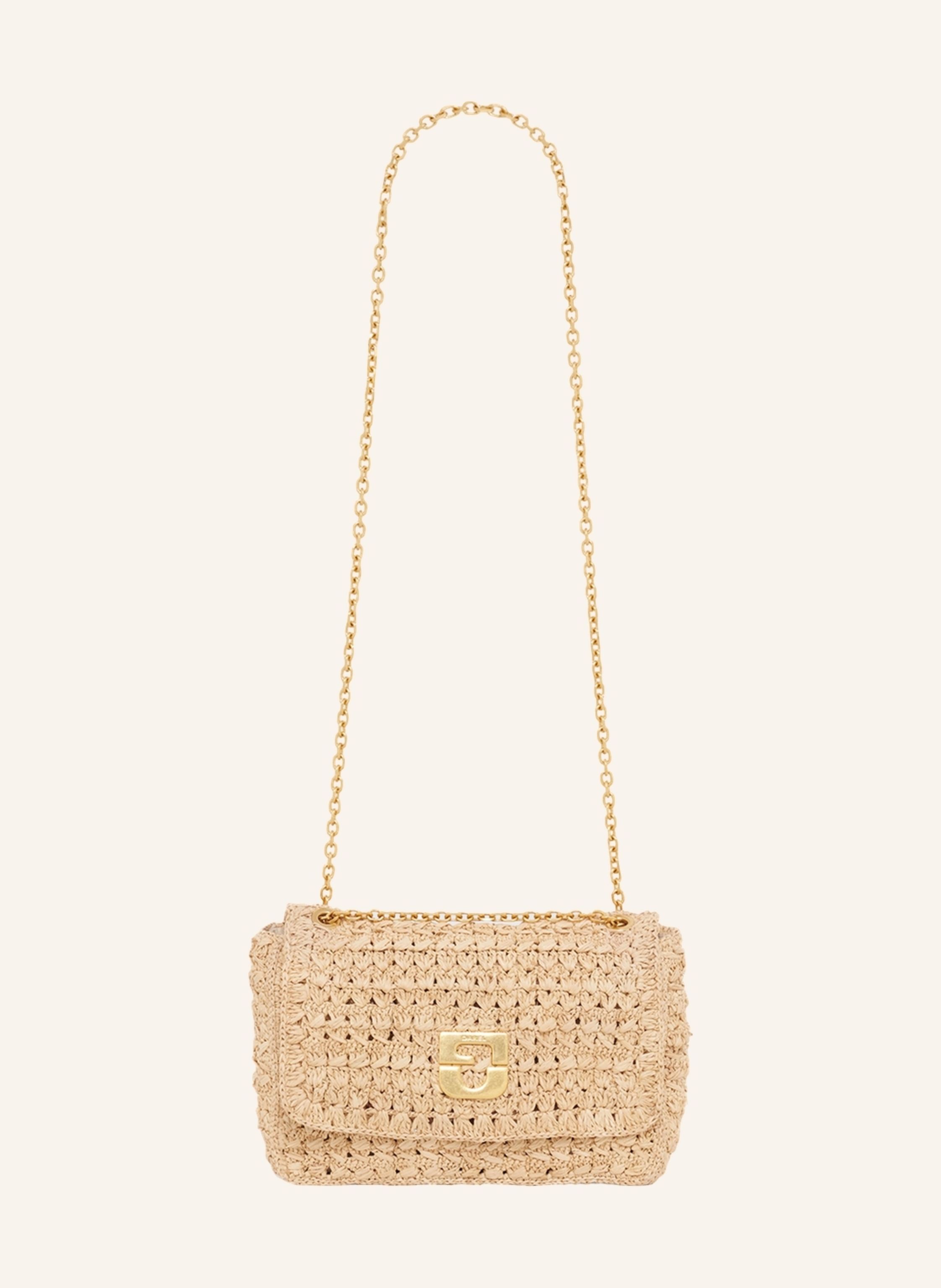 Gerard Darel Kleines Juwel in der Raphia-Kollektion, FANNY hat das Zeug zu einer Ikone. Dank des idealen Formats für Tag und Nacht und des Kettengurts lässt sich diese schicke und praktische Tasche bequem tragen. in beige