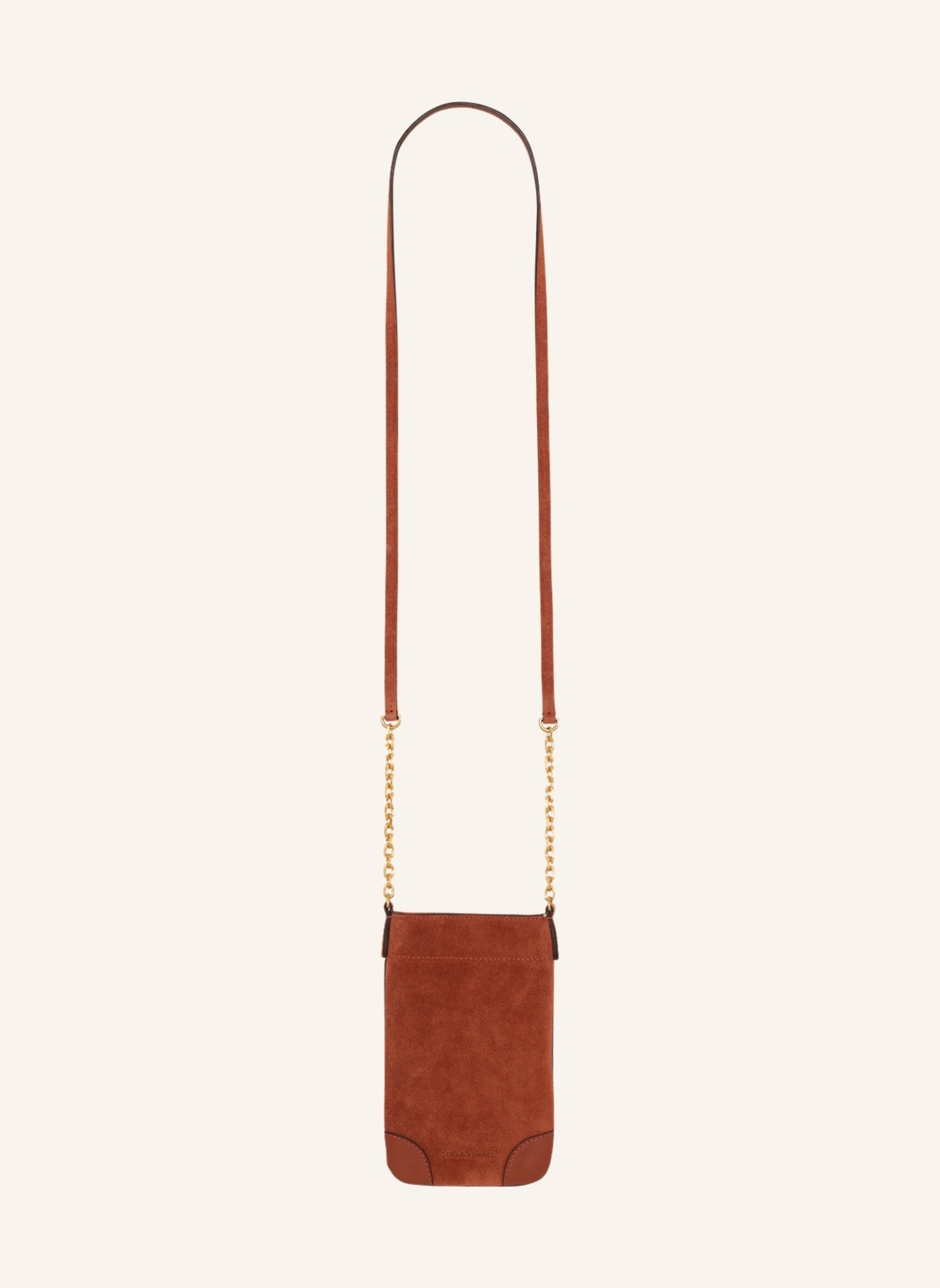 Gerard Darel Der Charlotte Phone Handytasche ahmt die weichen Kurven und die ikonische Rundung des Charlotte nach. Er bewahrt die grafischen und dynamischen Linien, die durch hochwertiges Veloursleder und Ledereck in braun