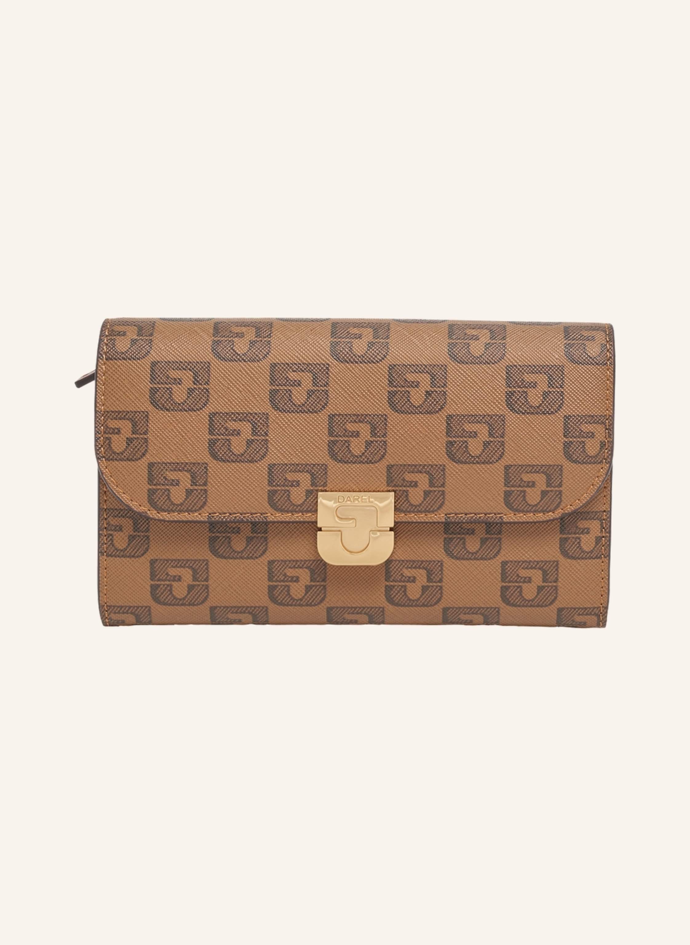 Gerard Darel Kompakt und raffiniert, vereint er Eleganz und Praktikabilitaet. Gefertigt aus beschichtetem Monogrammgewebe, bietet er zahlreiche Stauraummoeglichkeiten, alle betont durch ein Schloss mit den Initial in camel