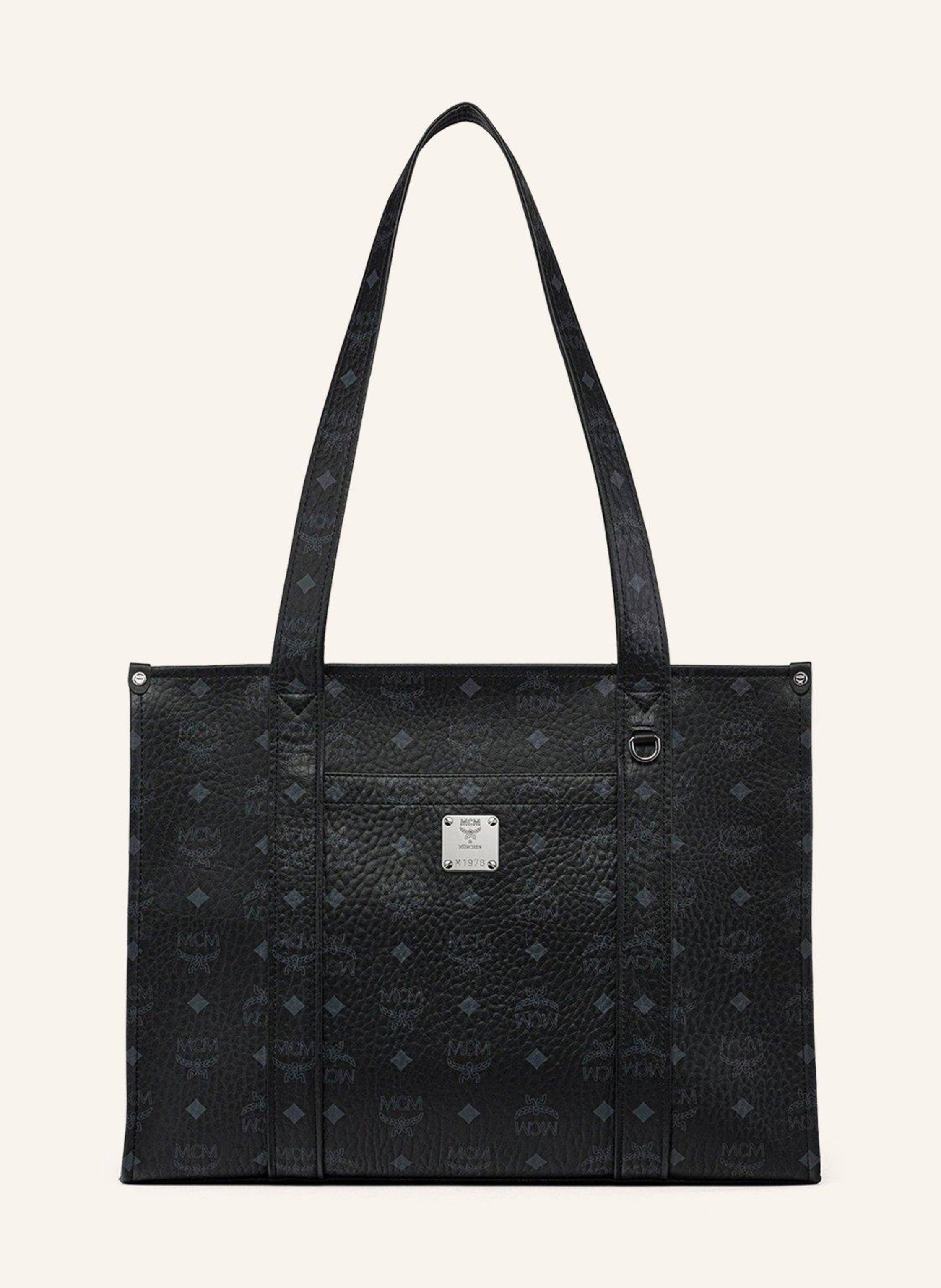 MCM Hergestellt in Südkorea, Reissverschluss, Innenfach, Haken in D-Form für Anhänger, Tragelänge des Griffs: 33 cm, Besatz: Naturleder, Material: Visetos-Canvas, Griffe oben, Aussenfach, Logoplakette aus in black