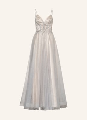 unique Evening dress with decorative gems and stole , Color: NUDE/ SILVER (Image 1)