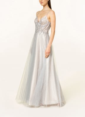 unique Evening dress with decorative gems and stole , Color: NUDE/ SILVER (Image 1)