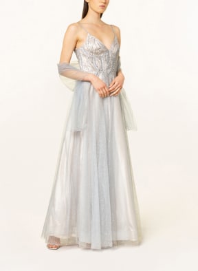 unique Evening dress with decorative gems and stole , Color: NUDE/ SILVER (Image 1)