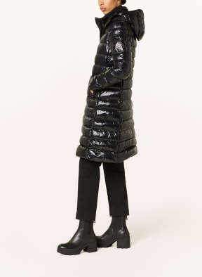 Moncler moka shiny fitted puffer coat with hood sales