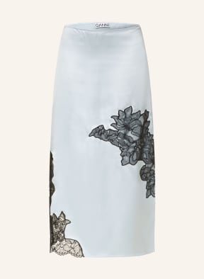 GANNI Satin skirt with lace in light blue/ black