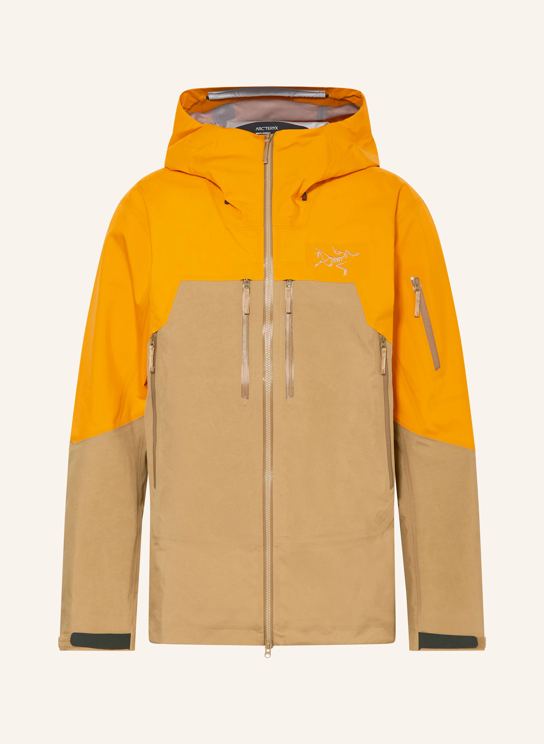ARC'TERYX RUSH hard shell ski jacket in camel / neon orange
