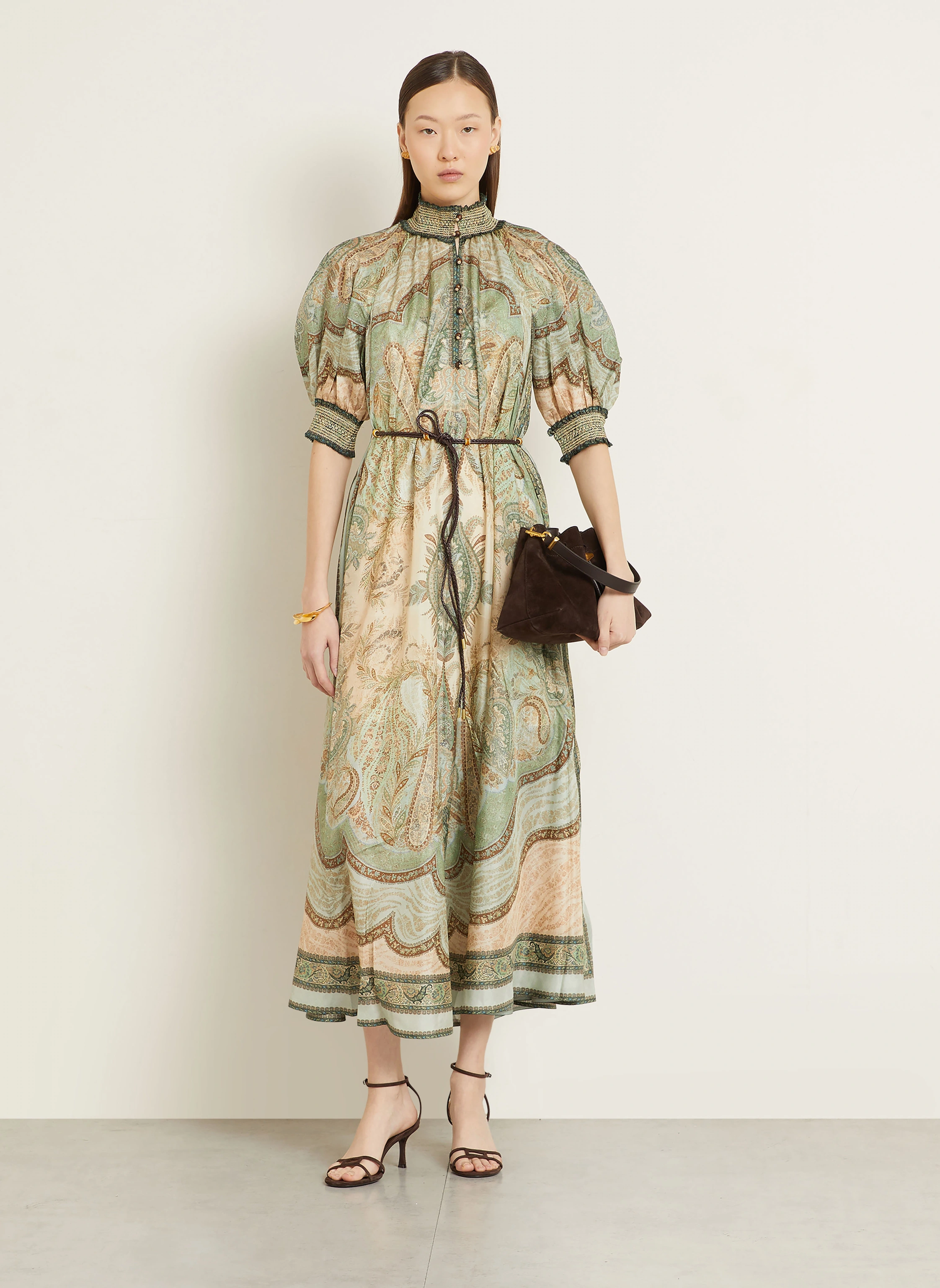 ZIMMERMANN Silk dress WANDERLUST in mint / brown / ecru