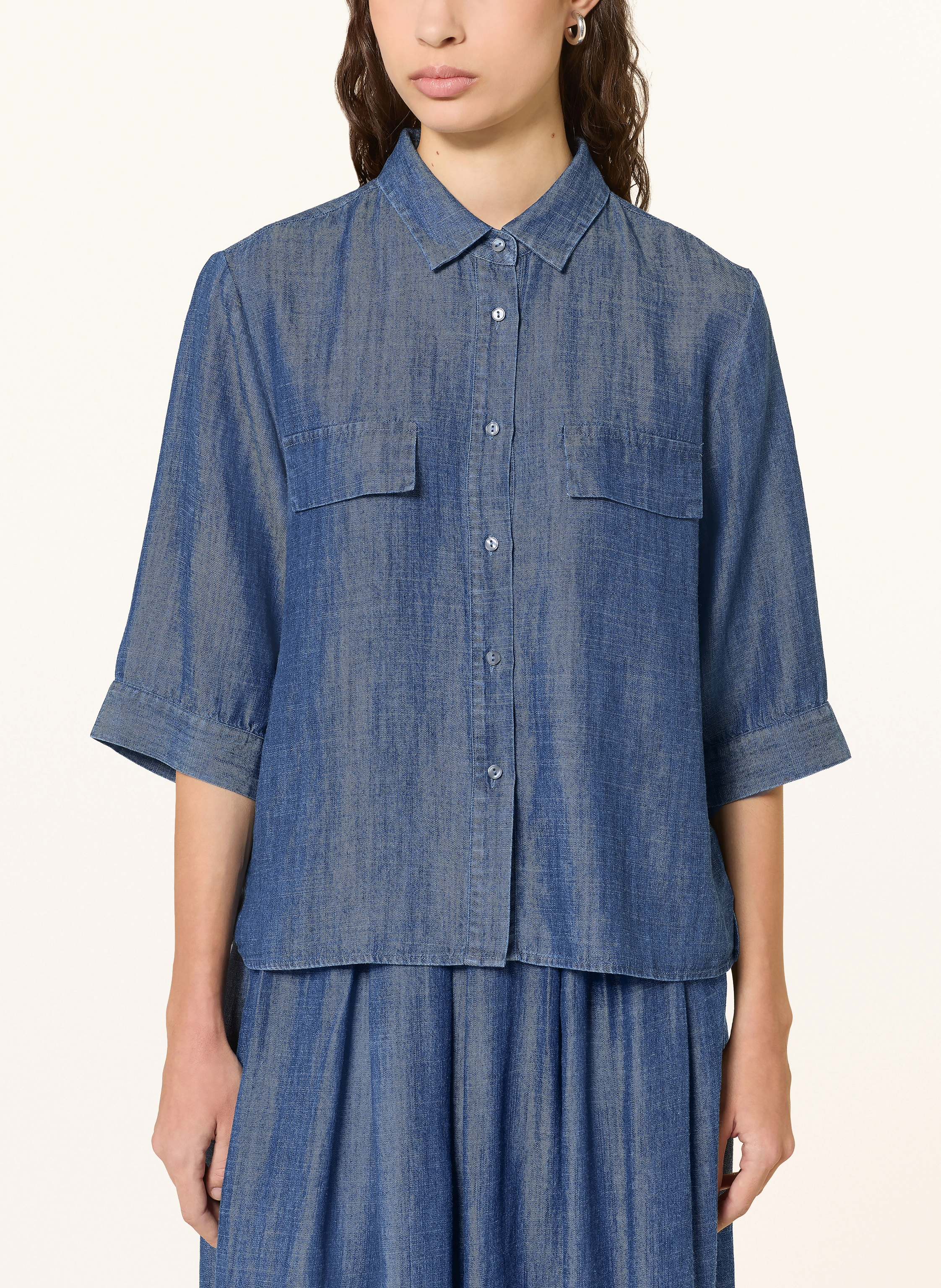 0039 ITALY Chemisier à manches 3/4 aspect jean: BLEU FONCÉ