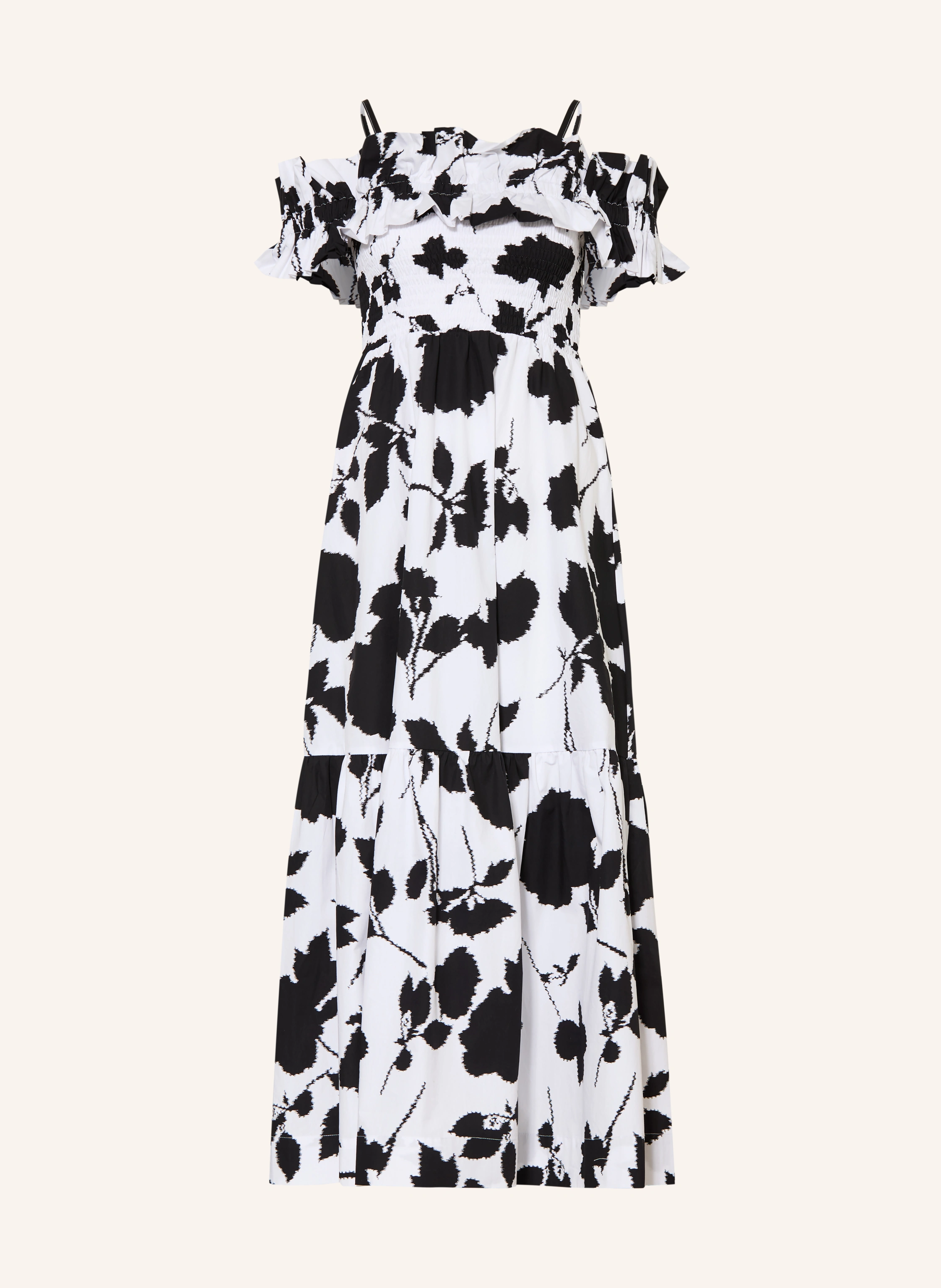 MARYAN MEHLHORN Rochie de plajă FLORASCAPE cu volane: ALB / NEGRU