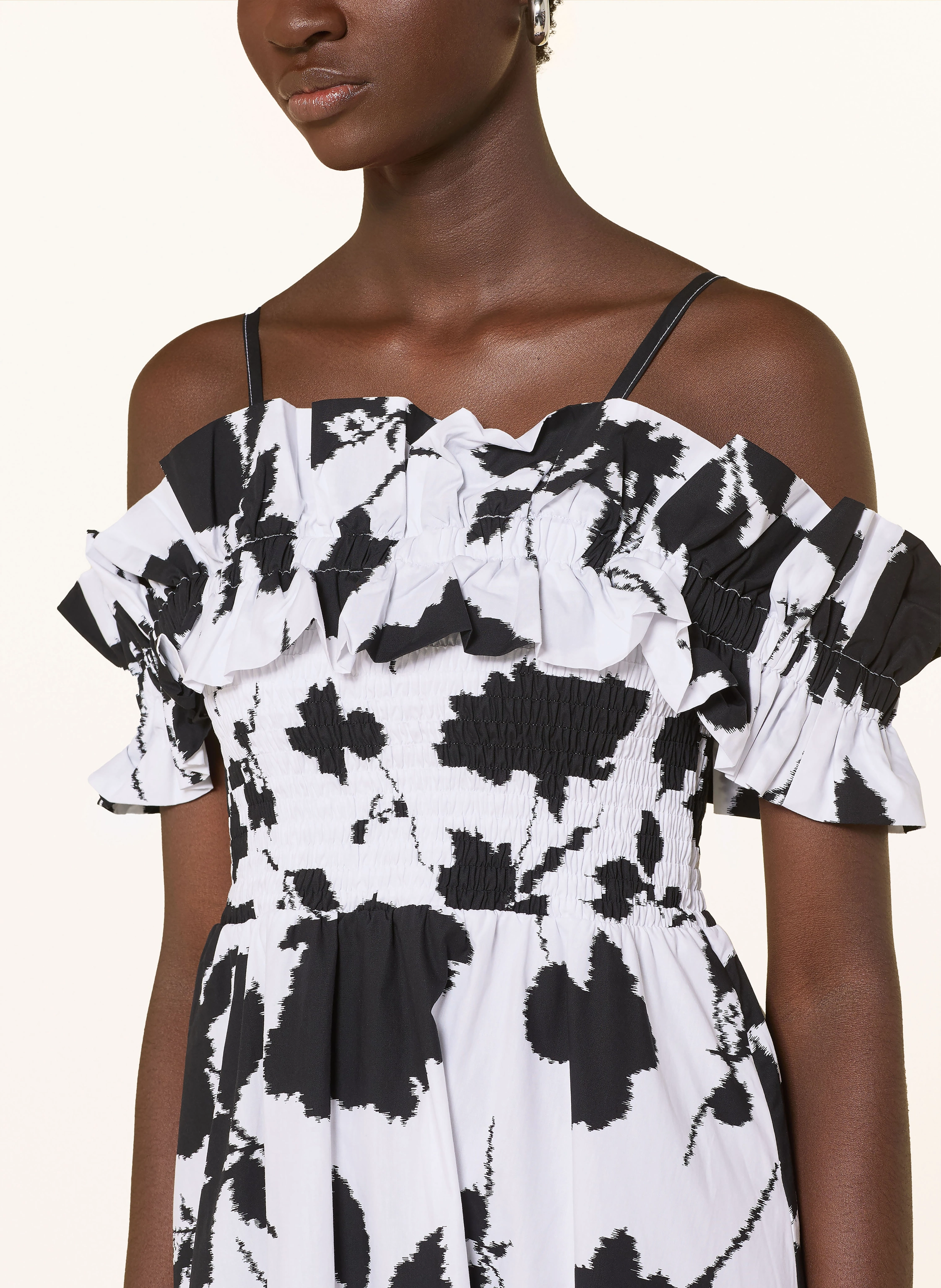 MARYAN MEHLHORN Rochie de plajă FLORASCAPE cu volane: ALB / NEGRU