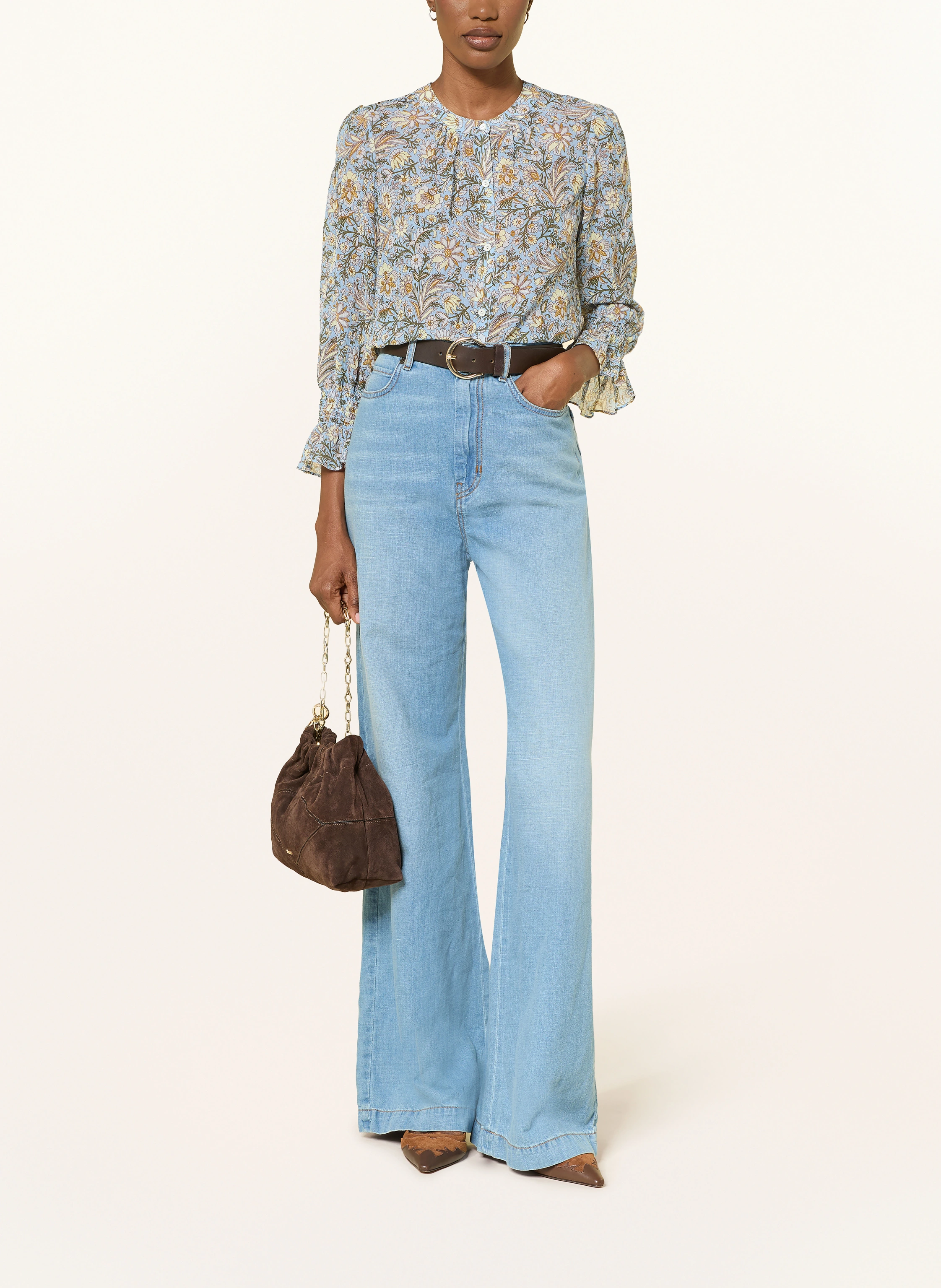 Veronica Beard ASHLYNN Blouse with 3/4-length sleeves: BLUE GRAY / LIGHT YELLOW / KHAKI