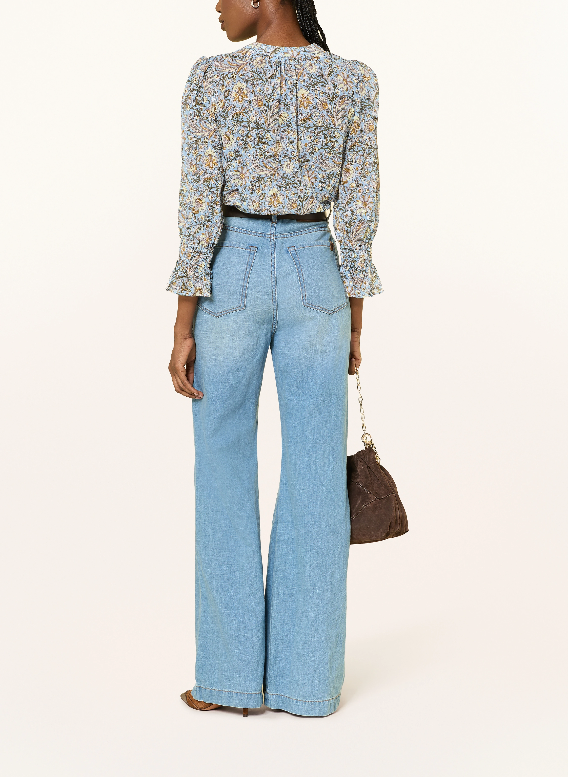 Veronica Beard ASHLYNN Blouse with 3/4-length sleeves: BLUE GRAY / LIGHT YELLOW / KHAKI