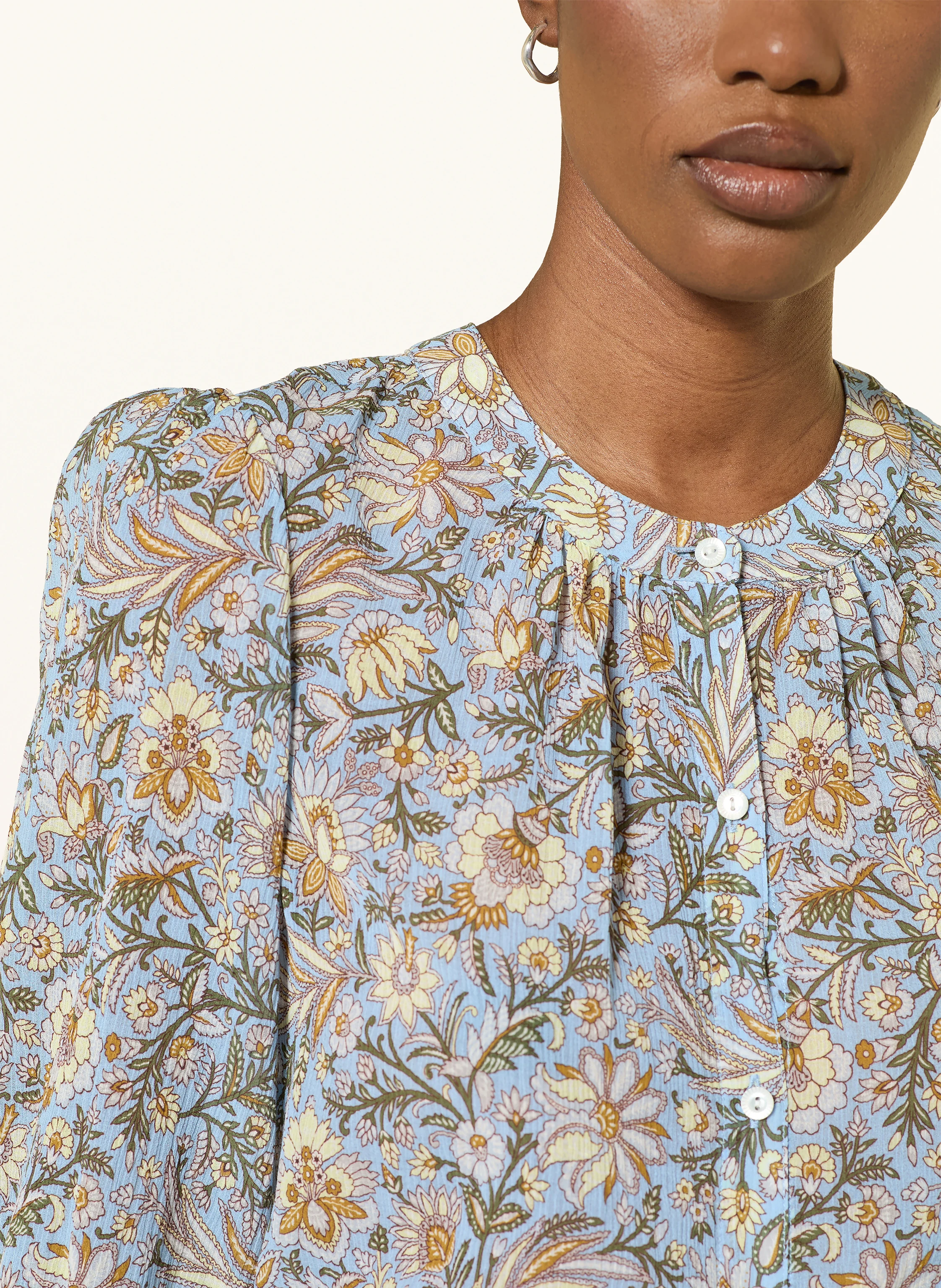 Veronica Beard ASHLYNN Blouse with 3/4-length sleeves: BLUE GRAY / LIGHT YELLOW / KHAKI