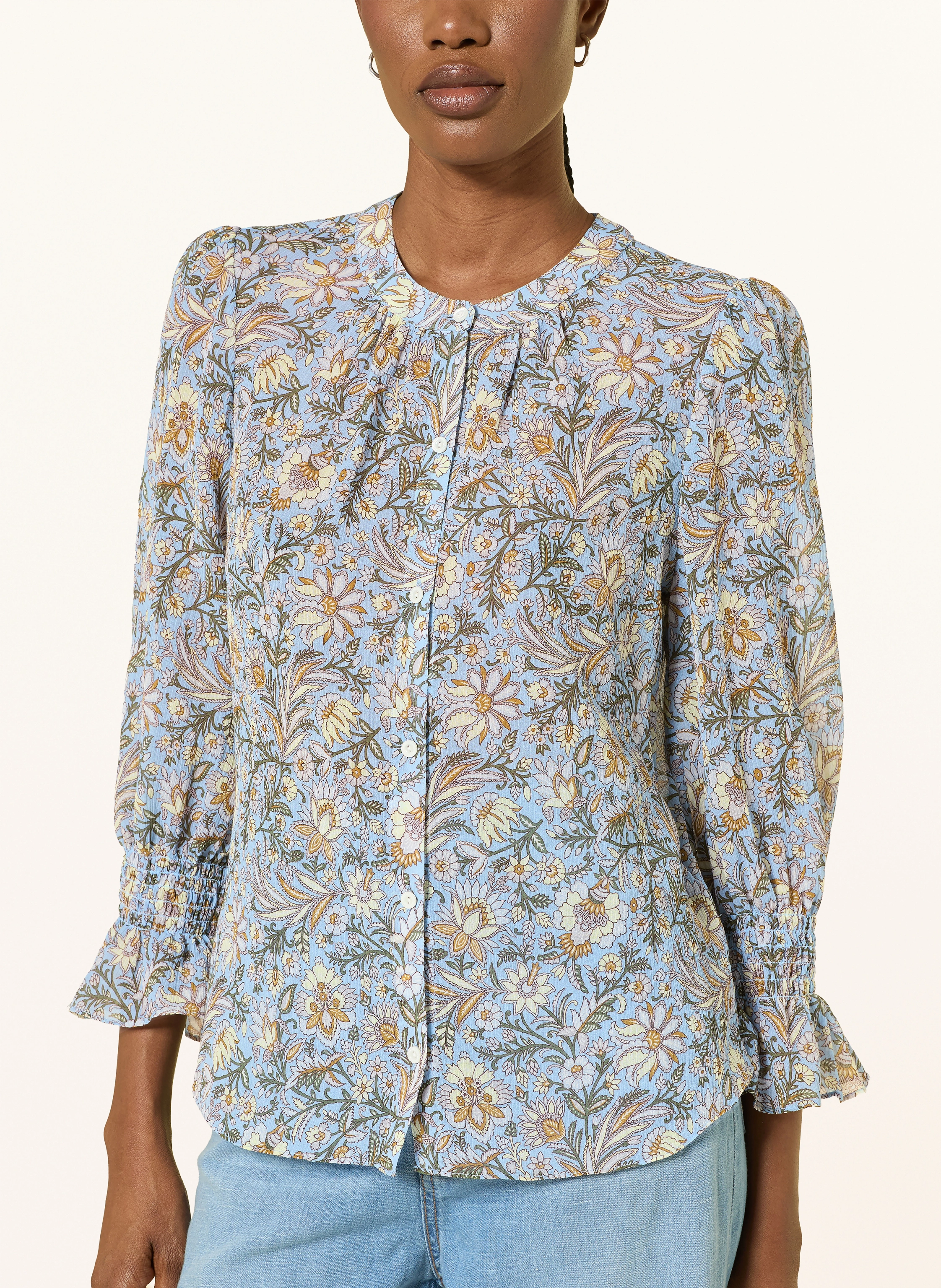 Veronica Beard ASHLYNN Blouse with 3/4-length sleeves: BLUE GRAY / LIGHT YELLOW / KHAKI